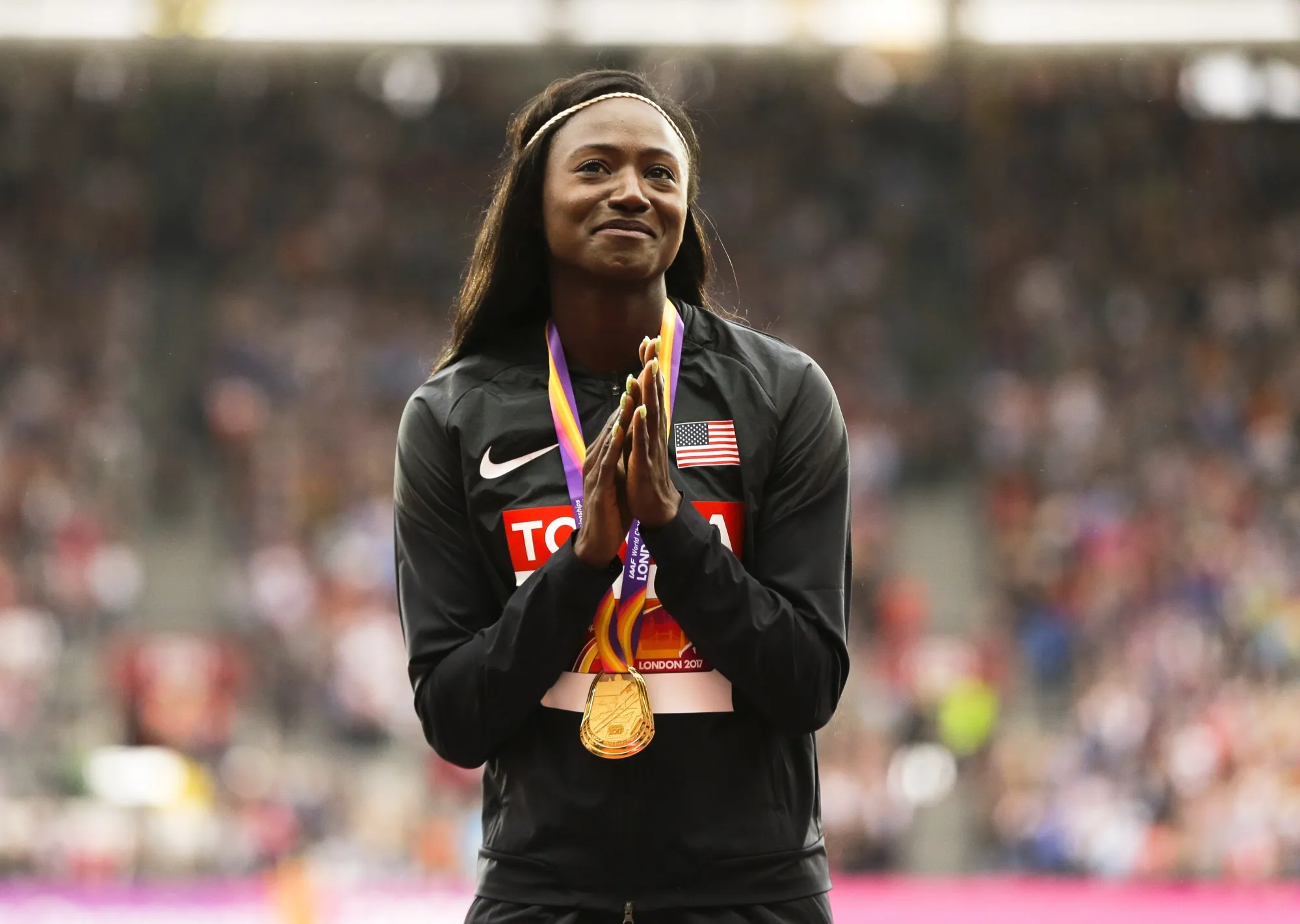 United States' Tori Bowie gestures after receiving the gold medal she won in the women's 100m final during the World Athletics Championships in London, Monday, Aug. 7, 2017. Olympic gold medalist Tori Bowie's autopsy included an easy-to-overlook, one-line notation beneath the heading "Medical History:" Bipolar disorder. In and around track circles, where the champion sprinter's absence is hitting particularly hard heading into Saturday's opening of the first world championships since her death, Bowie's mental health struggles were more than an afterthought. (AP Photo/Alastair Grant, File)