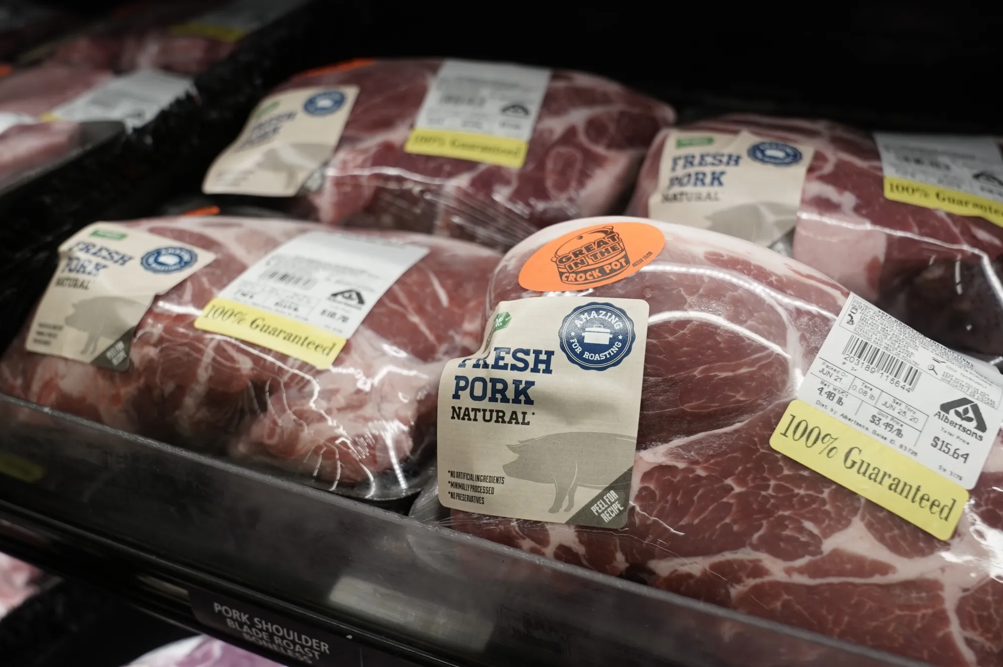 Pork in the meat section of a grocery store in San Diego, California.