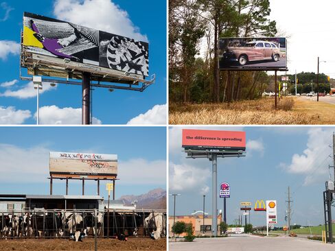 (Clockwise from top left) John Baldessari, Love and Work, 10 billboards, San Antonio, 2014; Mario Ybarra Jr., Barrio Aesthetics, 10 billboards, Mobile, Ala., 2014; Eve Fowler, it is so, 10 billboards, Houston, 2014; Daniel R. Small, Pending Cipher for the Open Present, 10 billboards, Las Cruces, N.Mex., 2015