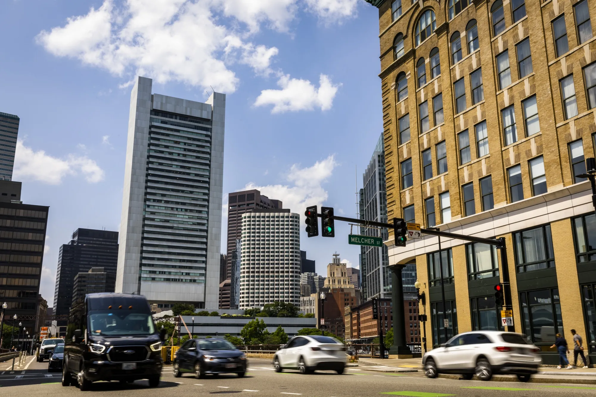 Traffic on Melcher Street in Boston, Massachusetts.