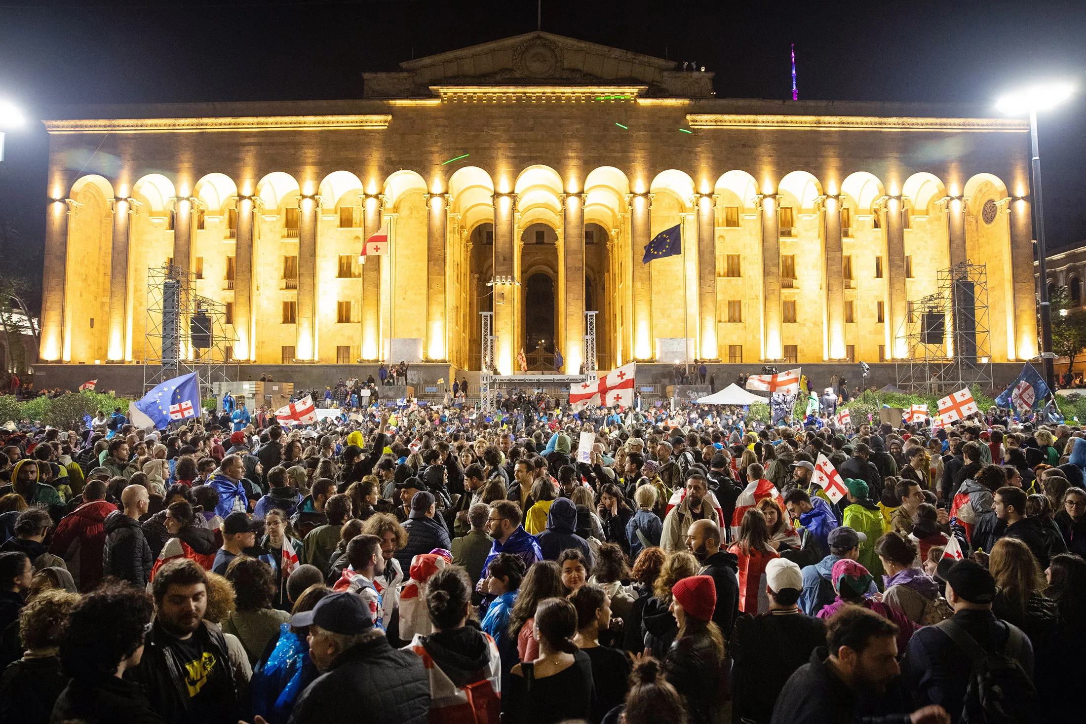 An opposition rally against a draft foreign agent bill outside parliament&nbsp;in Tbilisi, Georgia, on May 12.
