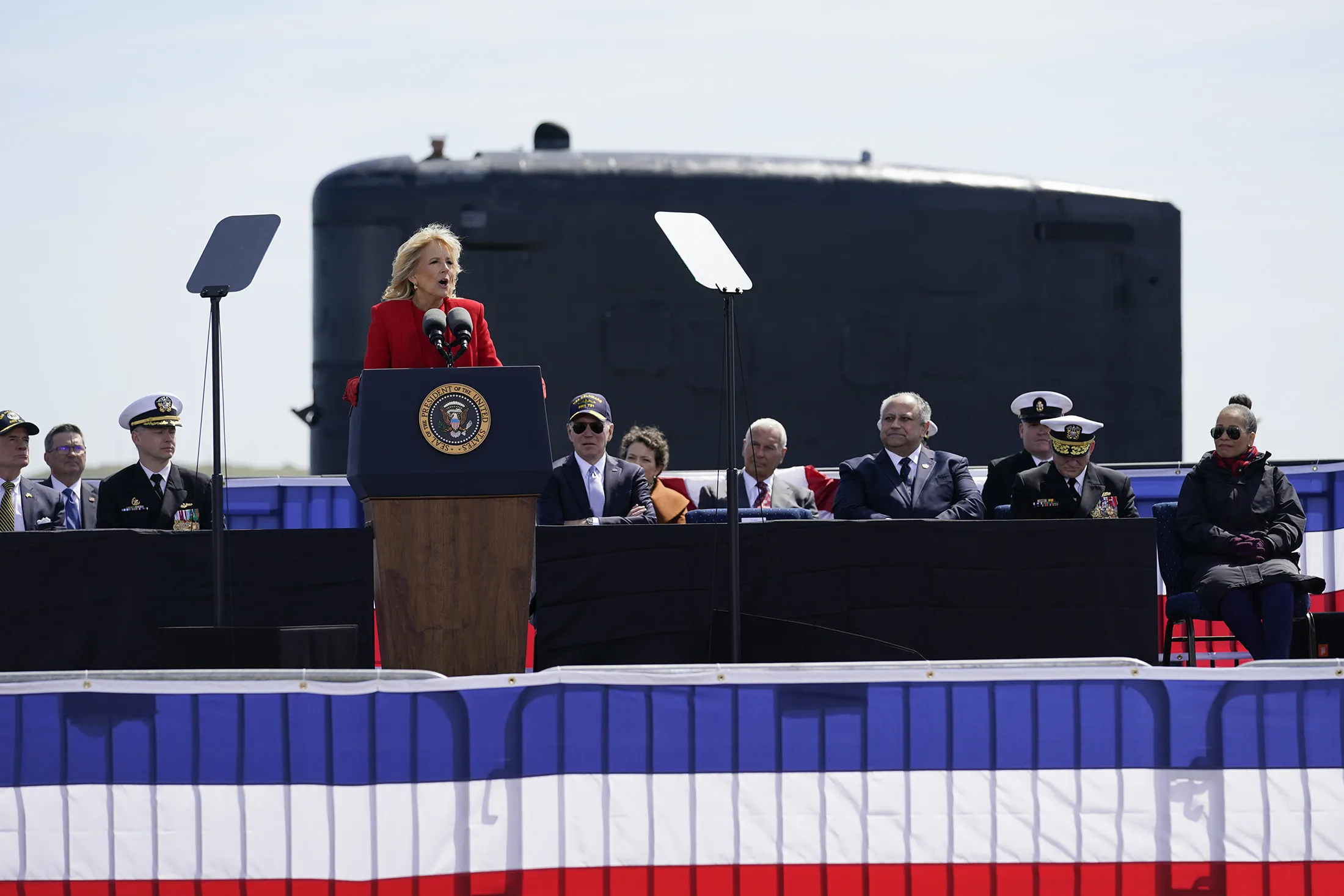 First lady Jill Biden speaks at a commissioning ceremony for USS Delaware at the Port of Wilmington in Wilmington, Delaware on April 2.