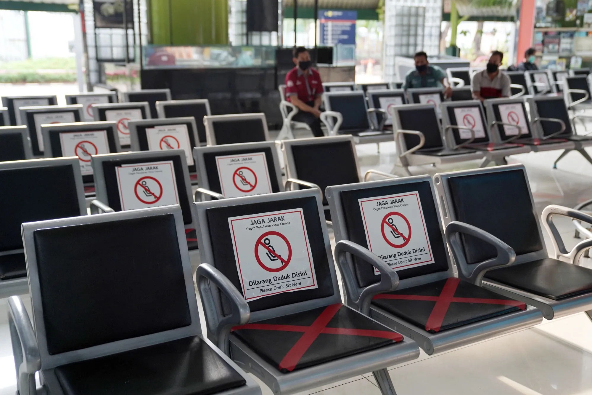 Social distancing markers are displayed on seating at the Gambir railway station&nbsp;in Jakarta on May 13.