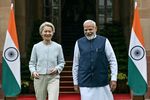 European Commission President Ursula von der Leyen (L) speaks with India's Prime Minister Narendra Modi before their meeting at the Hyderabad House in New Delhi on February 28, 2025. The European Union is exploring a security and defence partnership with India, EU chief Ursula von der Leyen said on February 28 before meeting with Prime Minister Narendra Modi in New Delhi. (Photo by Money SHARMA / AFP) (Photo by MONEY SHARMA/AFP via Getty Images)