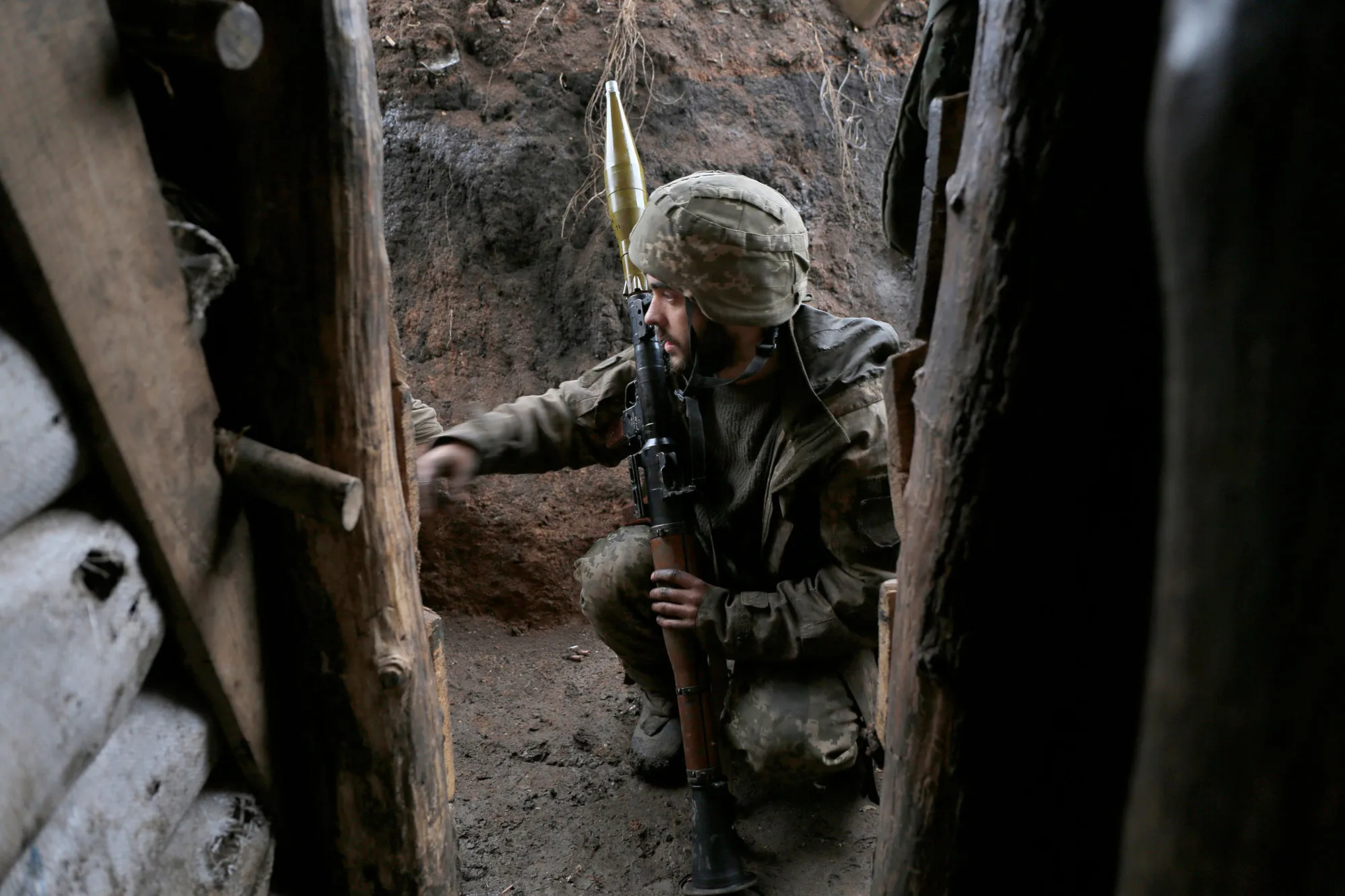 A Ukrainian serviceman on the front line near the village of Zhelobok, Feb.&nbsp;18.