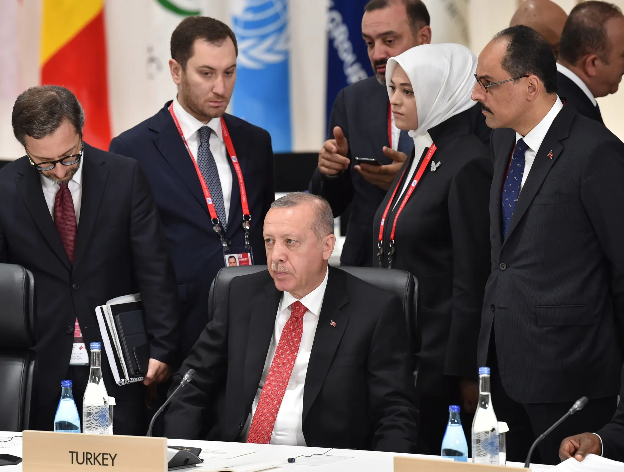 Recep Tayyip Erdogan, center, attends a session at the G-20&nbsp;summit in Osaka.