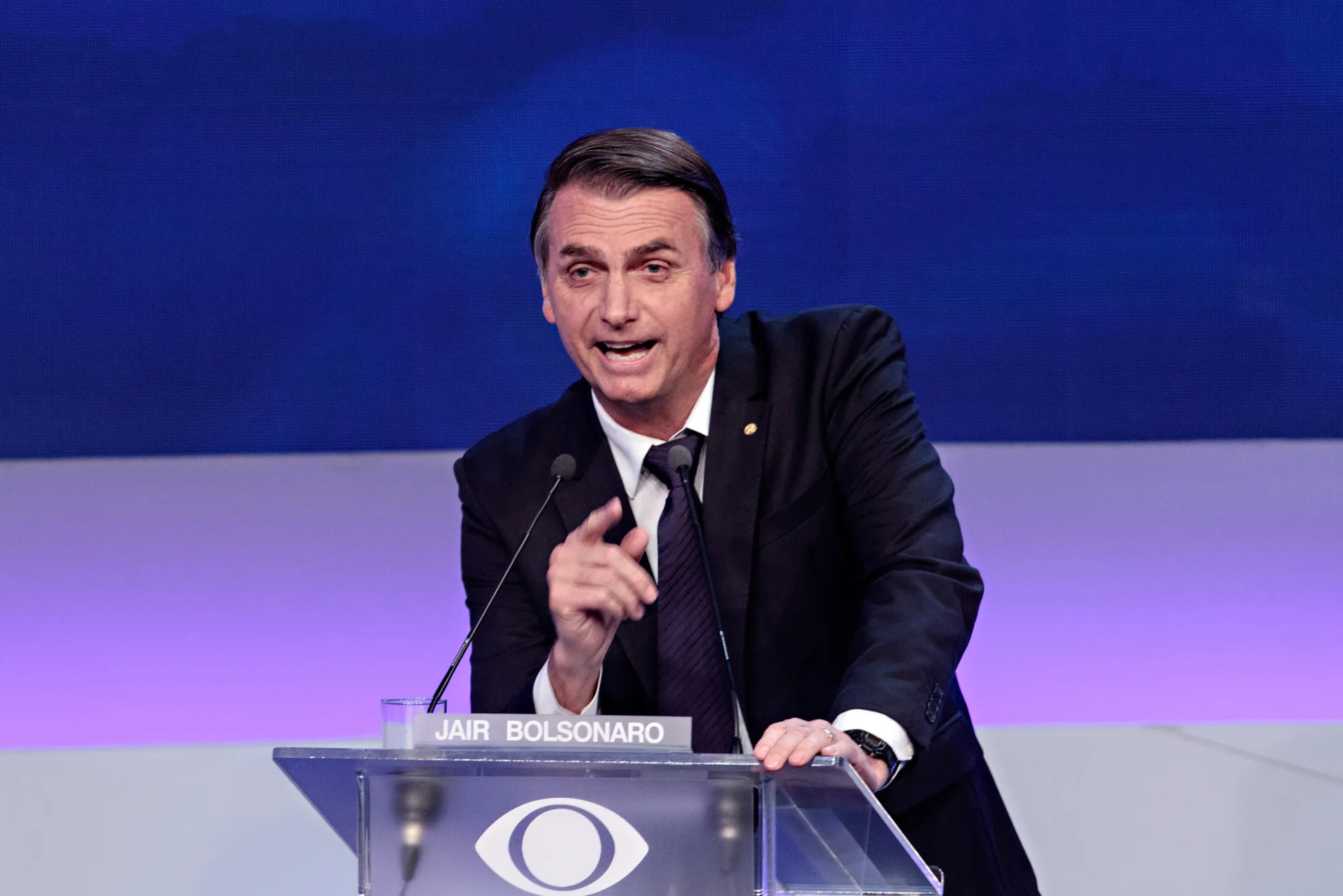 Jair Bolsonaro&nbsp;speaks on stage during the first presidential debate in Sao Paulo, Brazil, on&nbsp;Aug. 9.&nbsp;