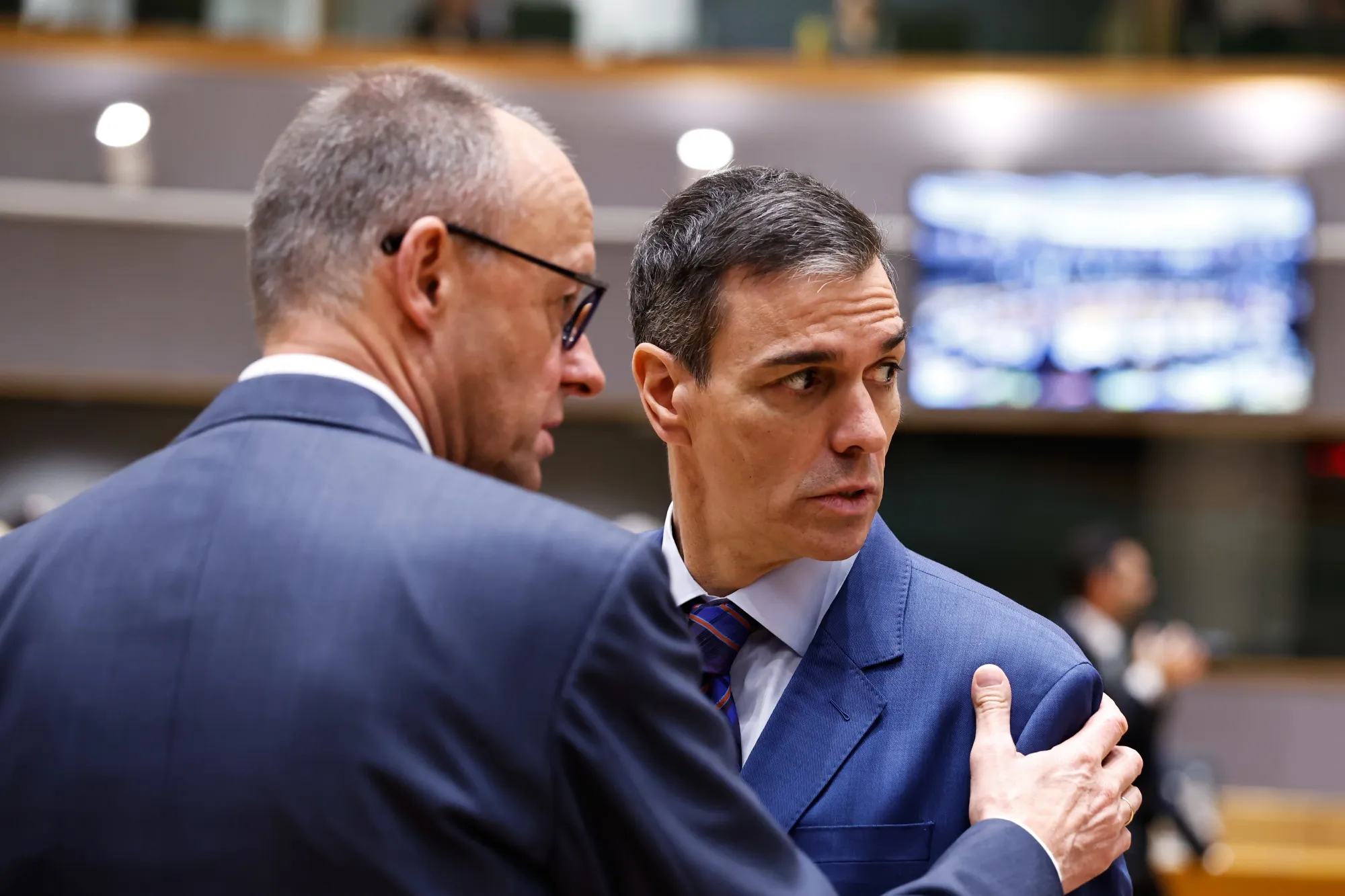 Friedrich Merz, left, and Pedro Sanchez, in Brussels, on March 19.