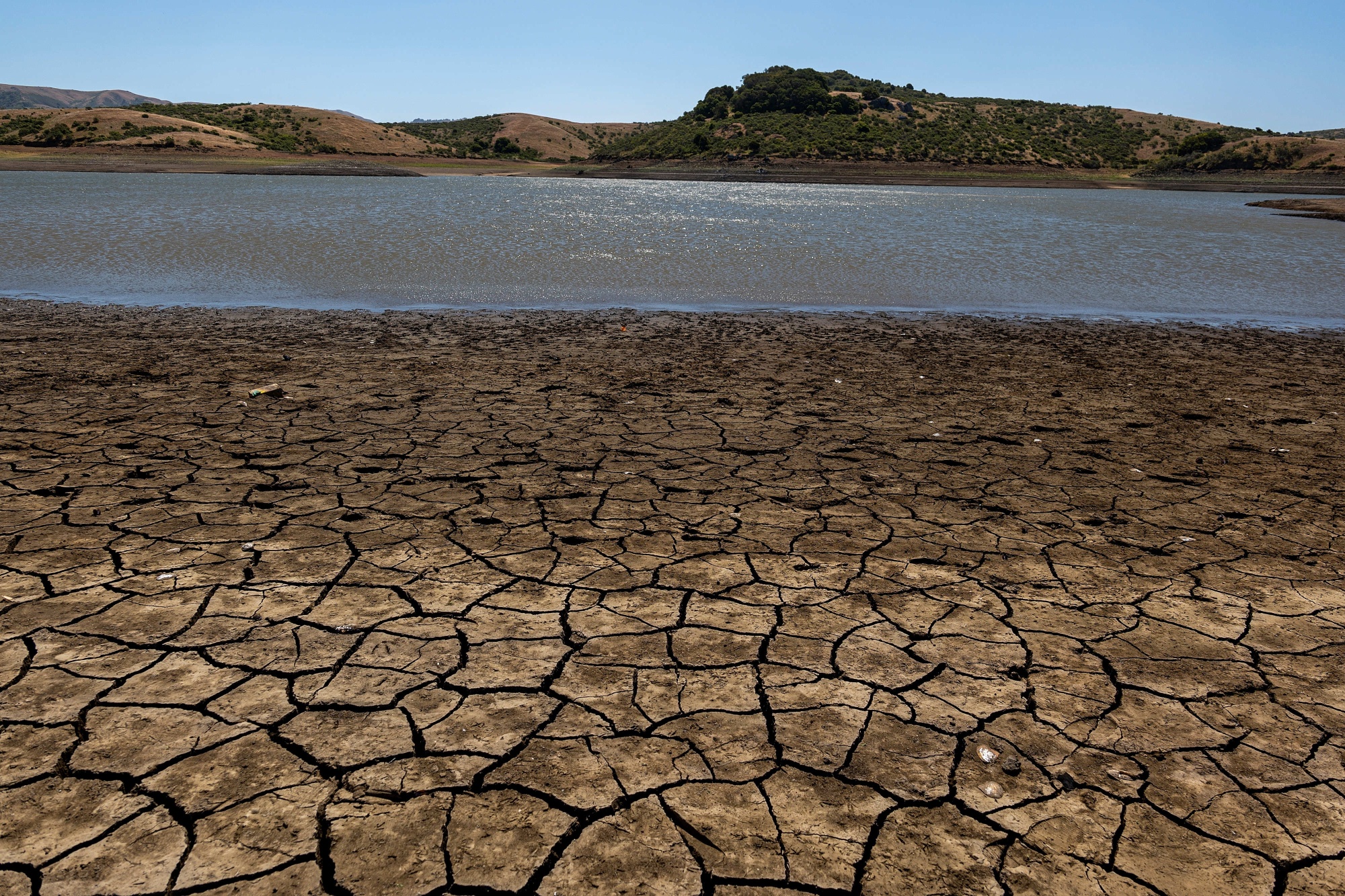 A cracked lake bed at Nicasio Reservoir during a drought in Nicasio, California on May 27.