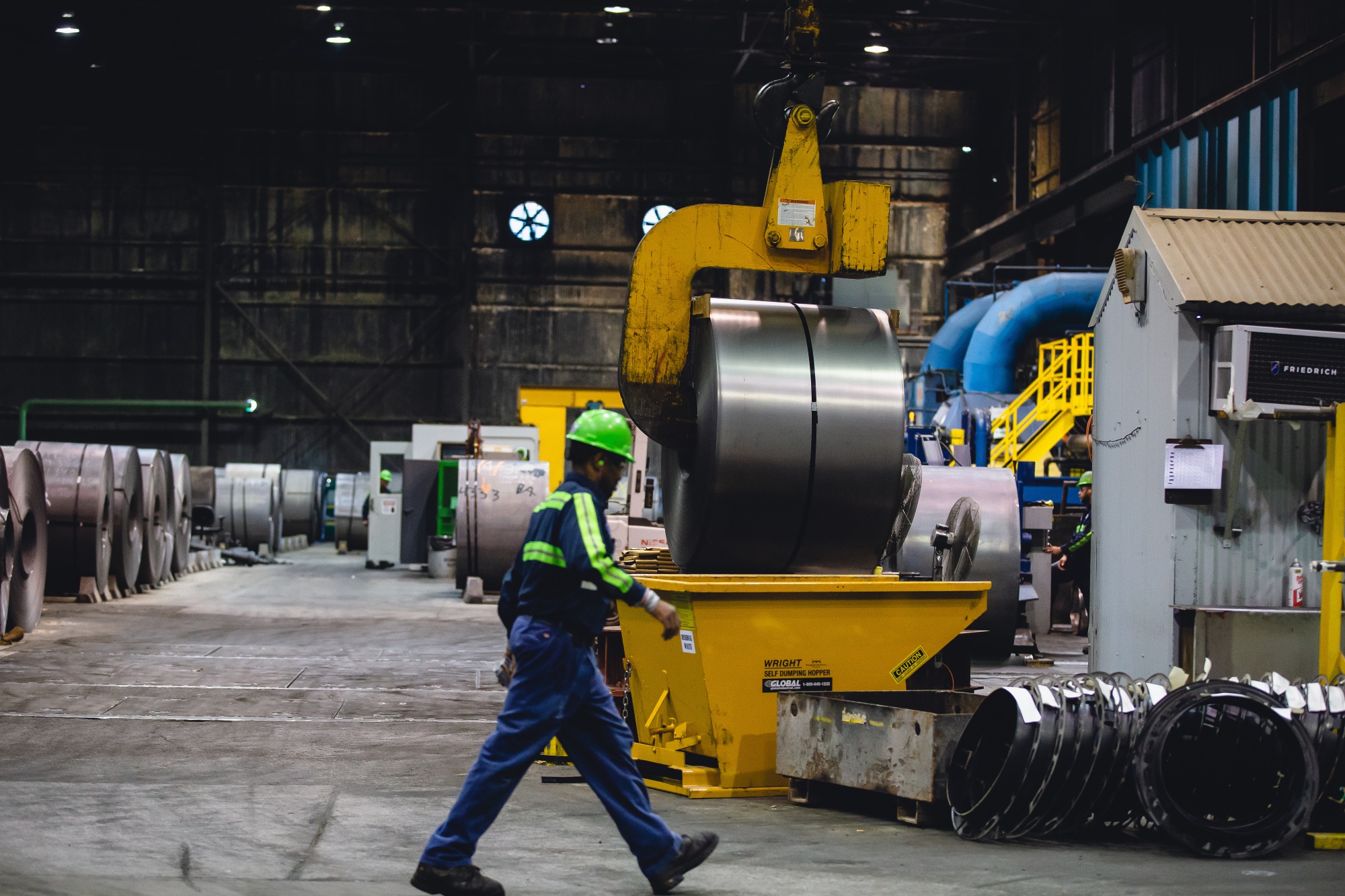 A finished steel coil is lifted at a plant in Farrell, Pennsylvania.