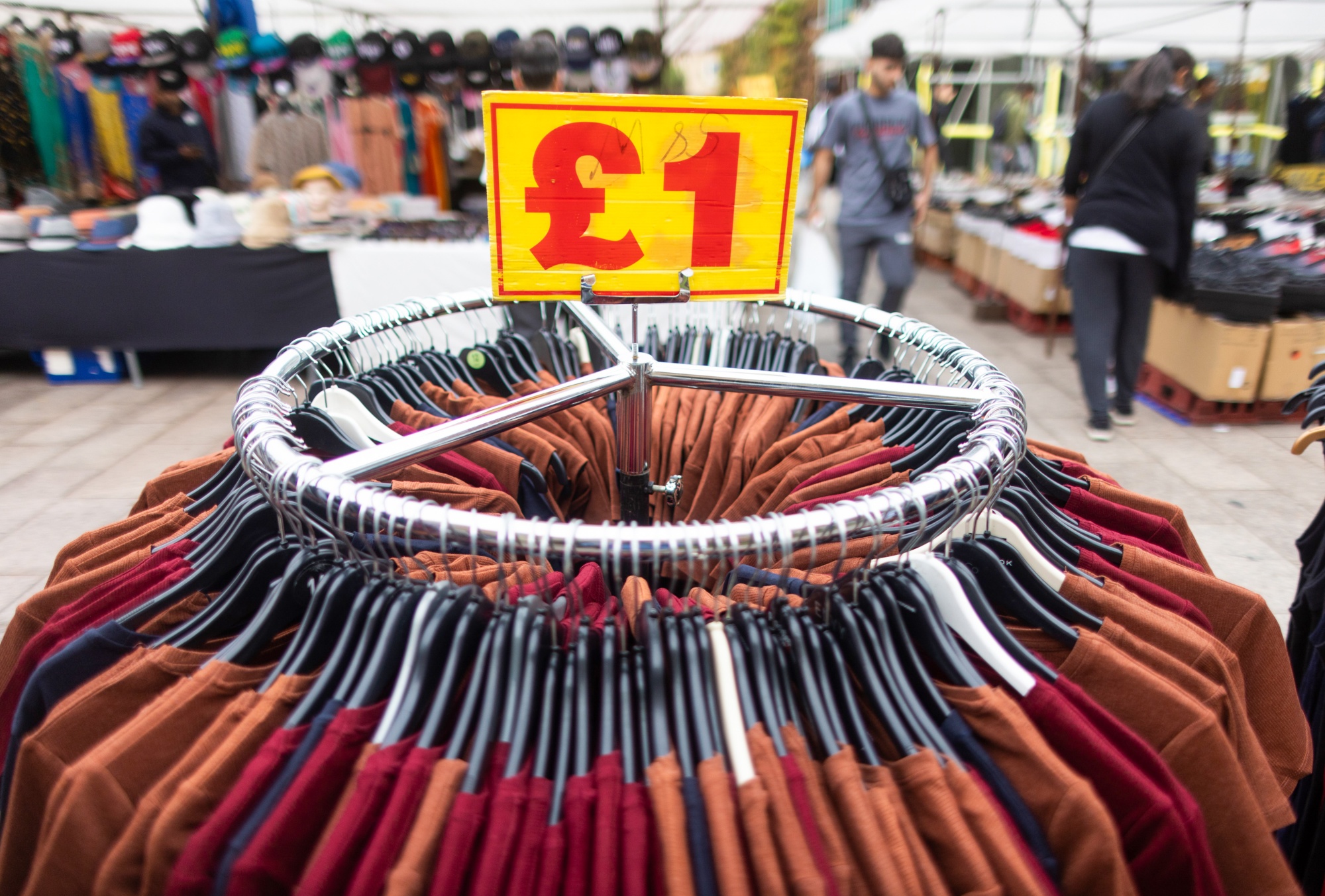 A&nbsp;clothing rack on a market stall in Barking, UK.