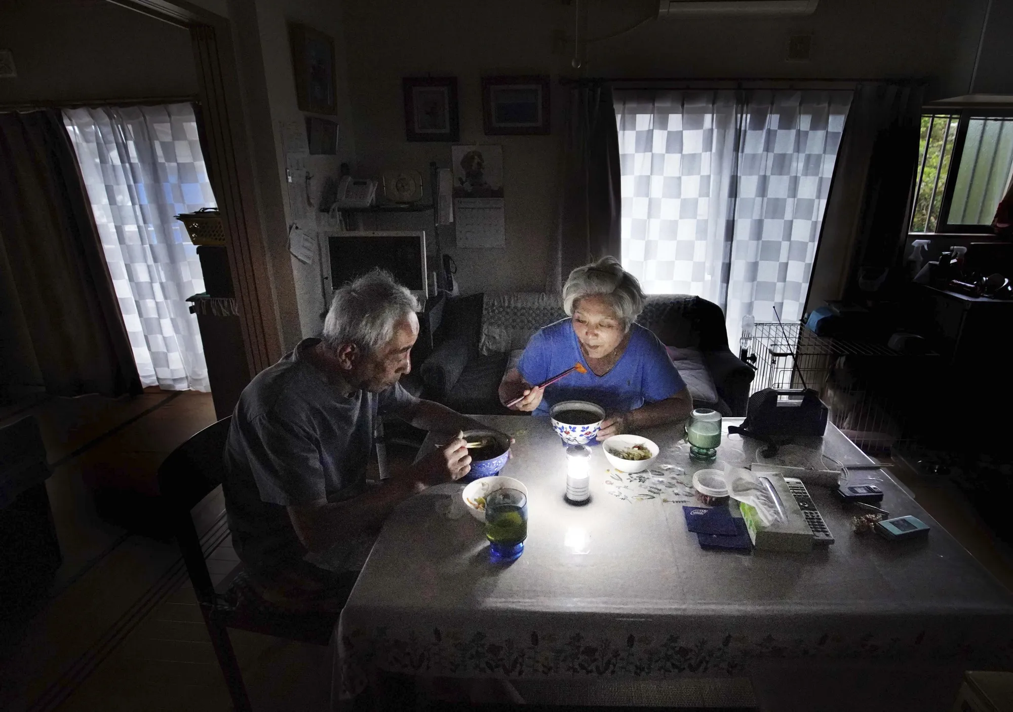 A blackout in Minamiboso, Chiba, after Typhoon Faxai on Sept. 12, 2019.