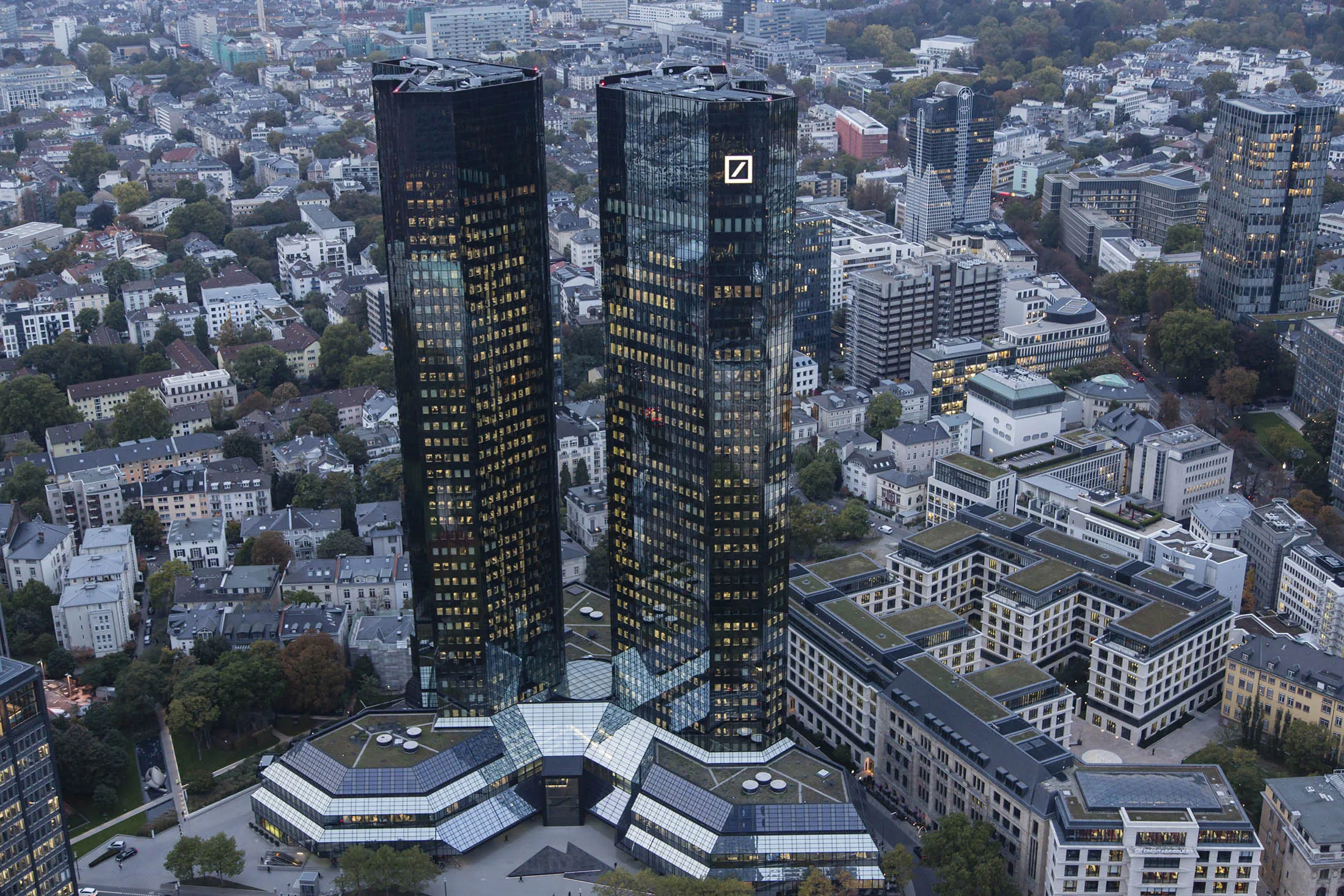The Deutsche Bank headquarter skyscraper offices in Frankfurt.
