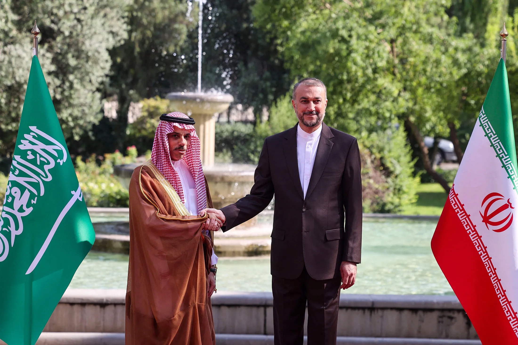 Hossein Amir-Abdollahian, right, meets with&nbsp;Faisal bin Farhan in Tehran on June&nbsp;17, 2023.&nbsp;
