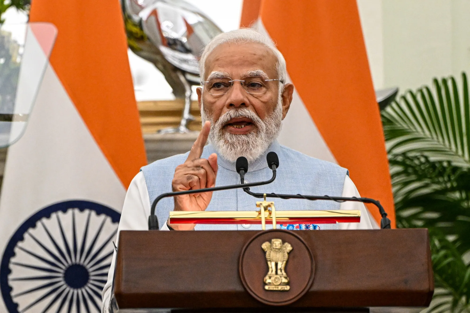 Narendra Modi during a news conference in New Delhi, on Feb. 21.
