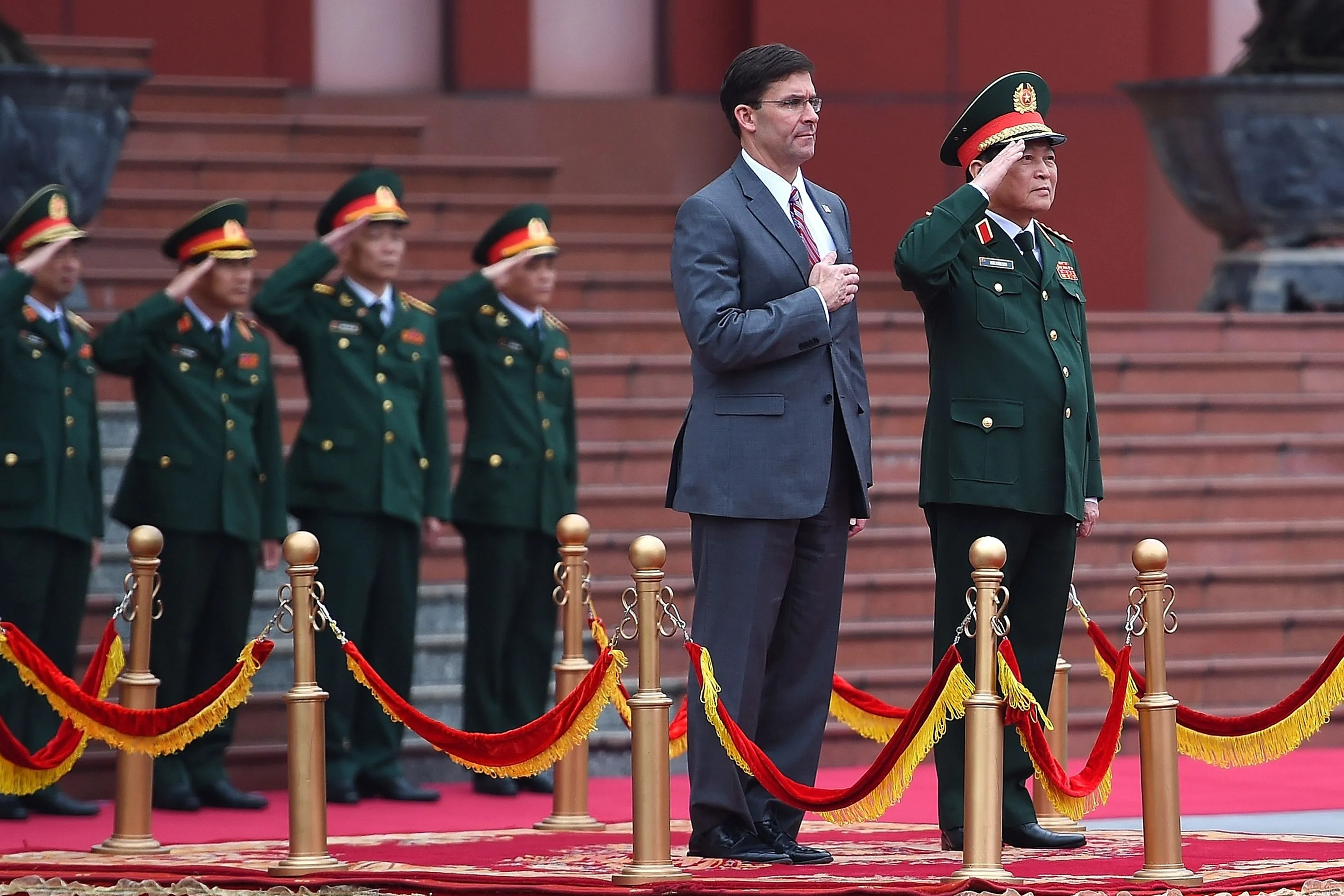 Mark Esper and Vietnam’s Defence Minister Ngo Xuan Lich in Hanoi on Nov. 20.