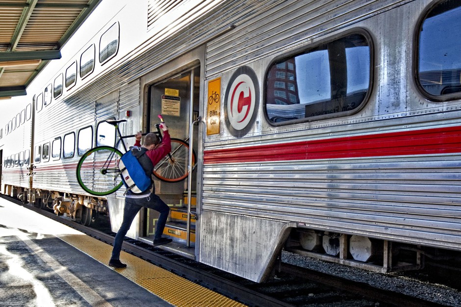 A Caltrain bike car allows bicycle commuters to ride the rails, too.