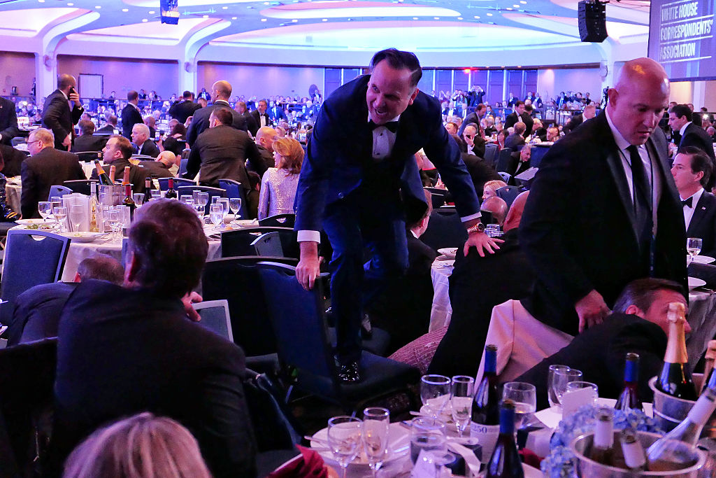 White House Deputy Chief of Staff Dan Scavino jumps over a chair at the White House Correspondents' Association Dinner April 25.