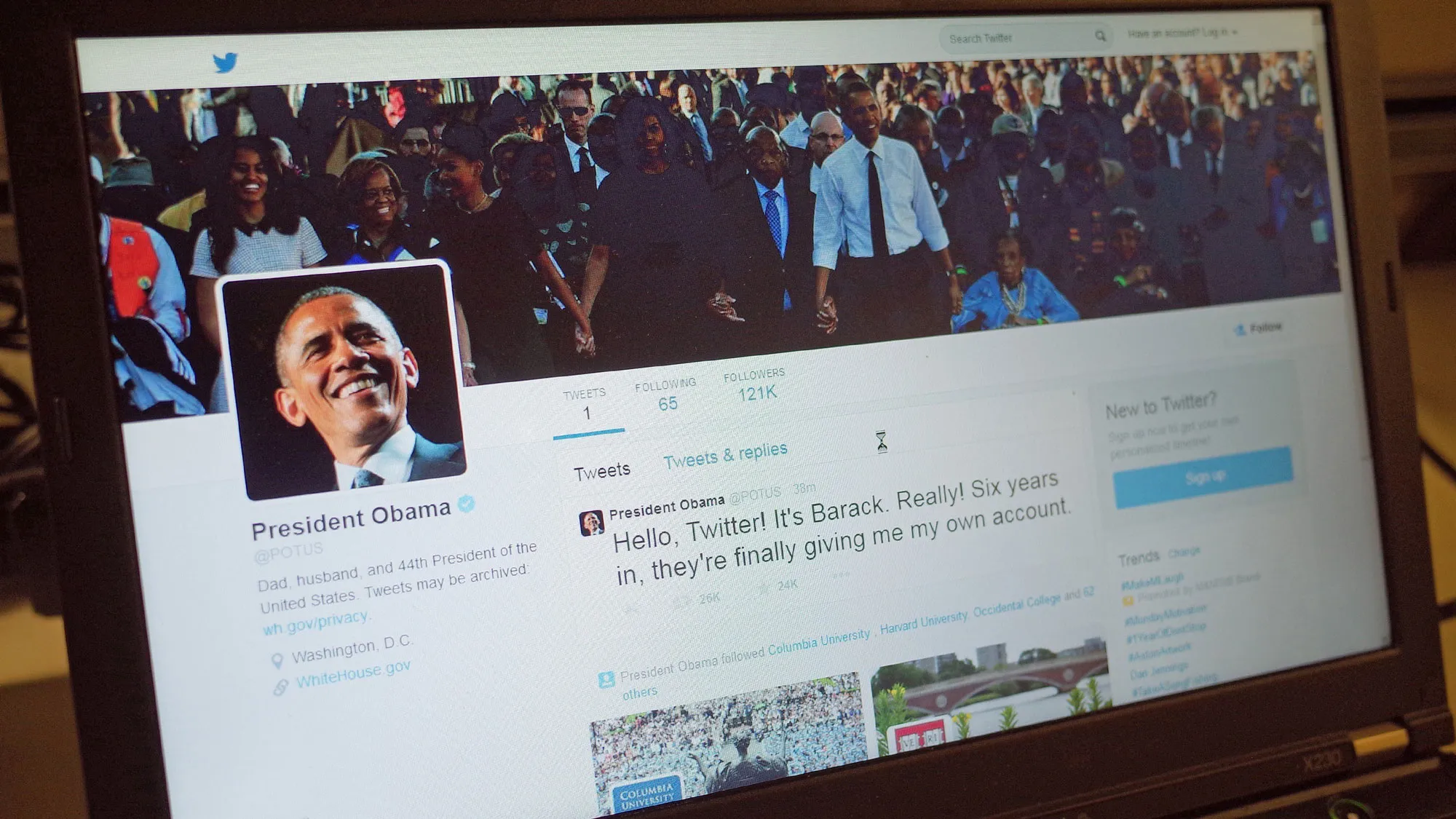 An illustration shows US President Barack Obama's Twitter page on a laptop in Washington, DC on May 18, 2015.
