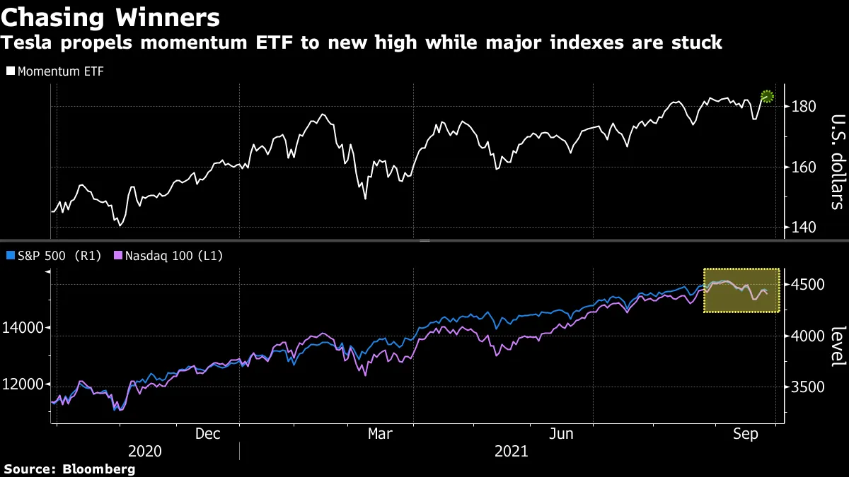 Tesla propels momentum ETF to new high while major indexes are stuck