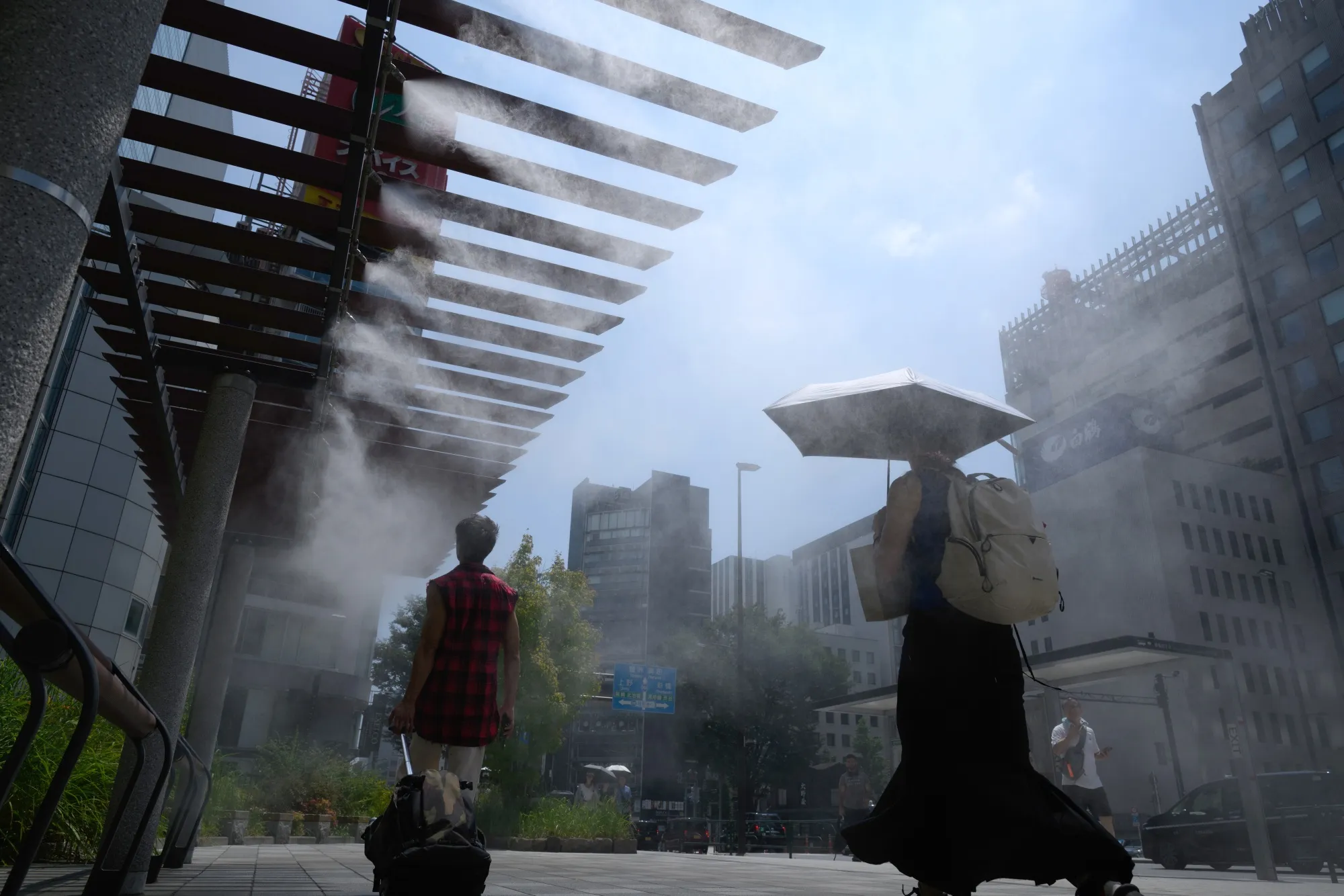 Cooling mist in Ginza district during high temperatures in Tokyo, Japan, in August.