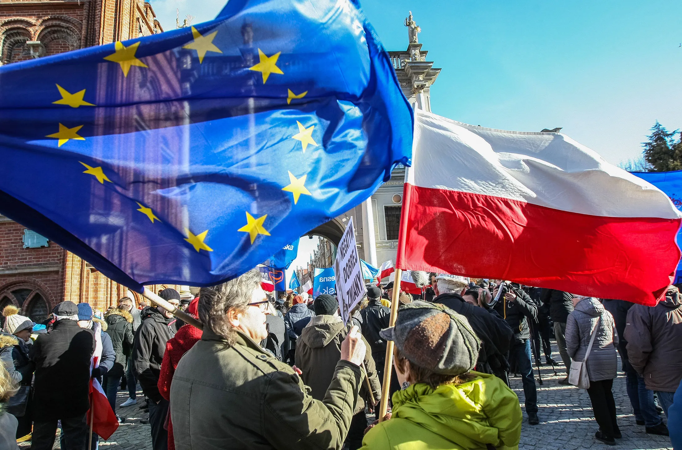 Protesters with Poland and European Union flags are seen in Gdansk, Poland.
