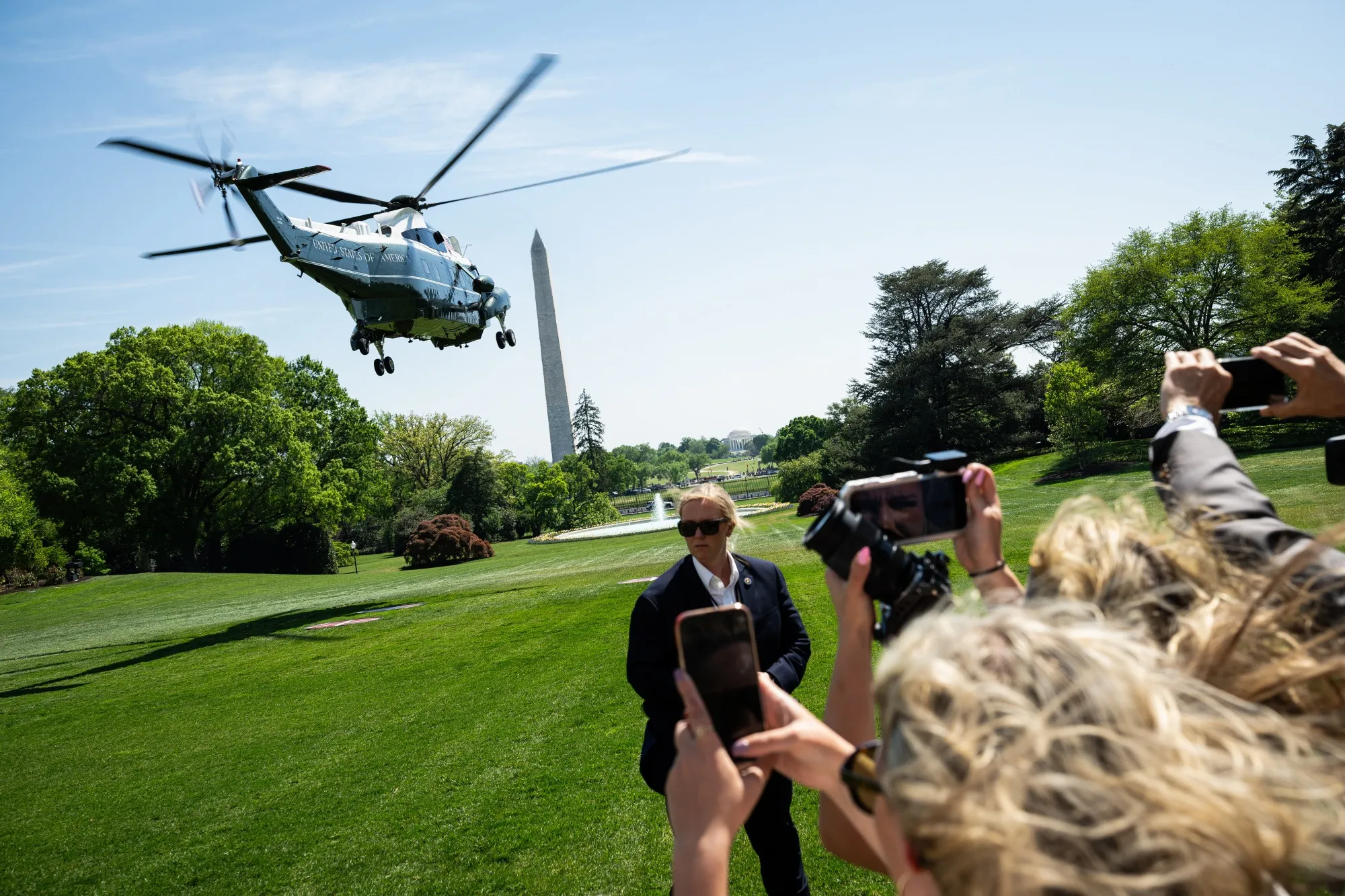 Marine One, with US President Donald Trump on board, takes off from the South Lawn of the White House.