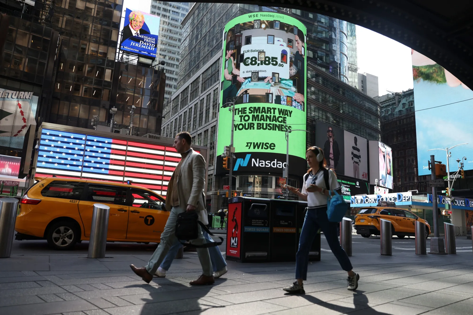 Wise Group Plc signage during the company’s trading debut at the Nasdaq MarketSite in New York on May 11.