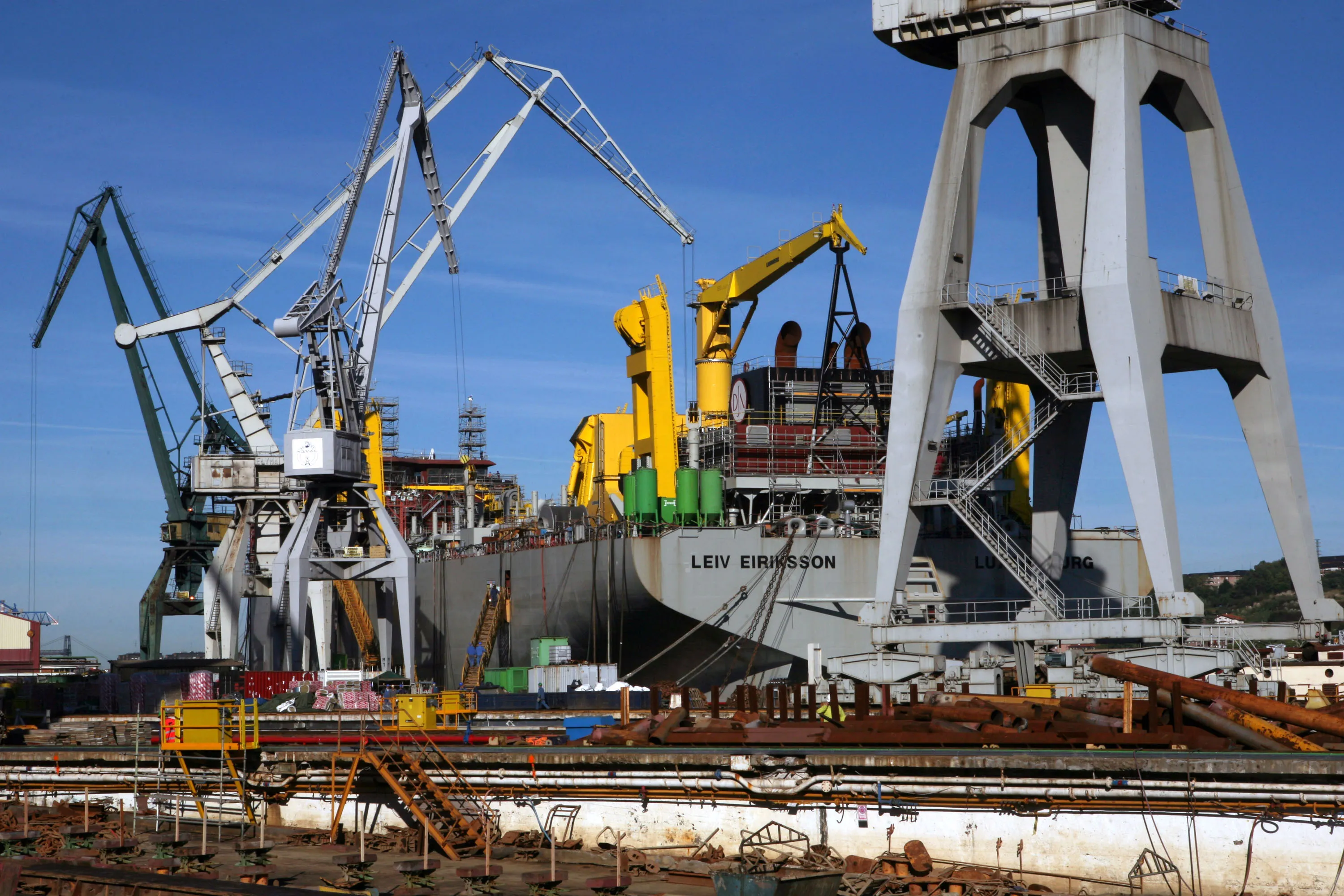 The 'Leiv Eirikson' a trailing suction hopper dredger vessel, sits in dock at La Naval shipyard in Bilbao, Spain.