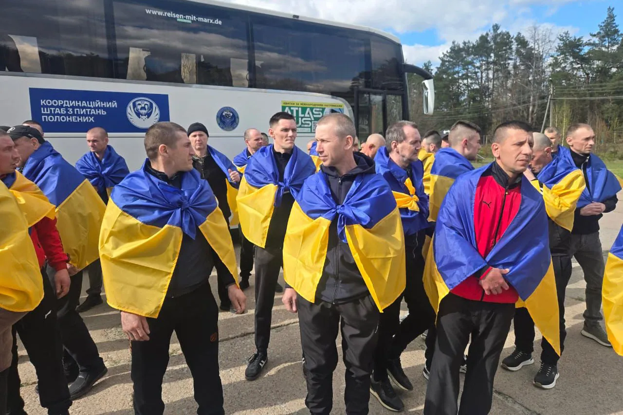 Ukrainian prisoners of war following an exchange, in a photo released on April 24.
