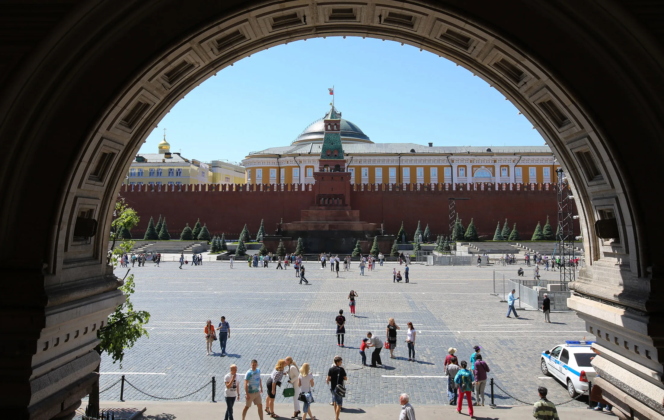 The Kremlin buildings sit on Red Square in Moscow.
