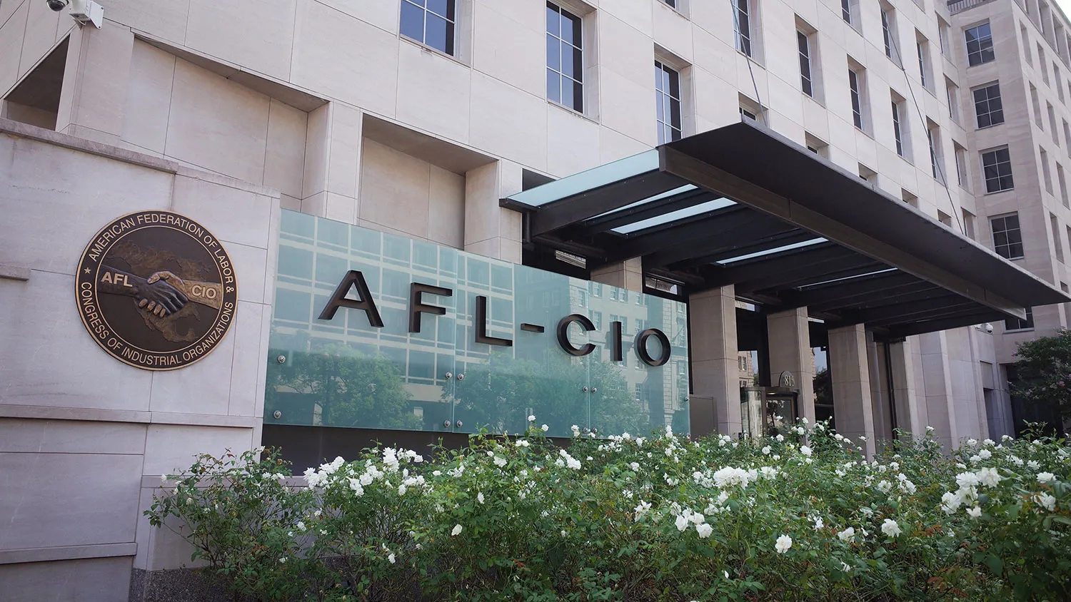 The seal of the The American Federation of Labor and Congress of Industrial Organizations (AFLCIO) is seen infront of its headquarters on August 16, 2014 in Washington, DC.
