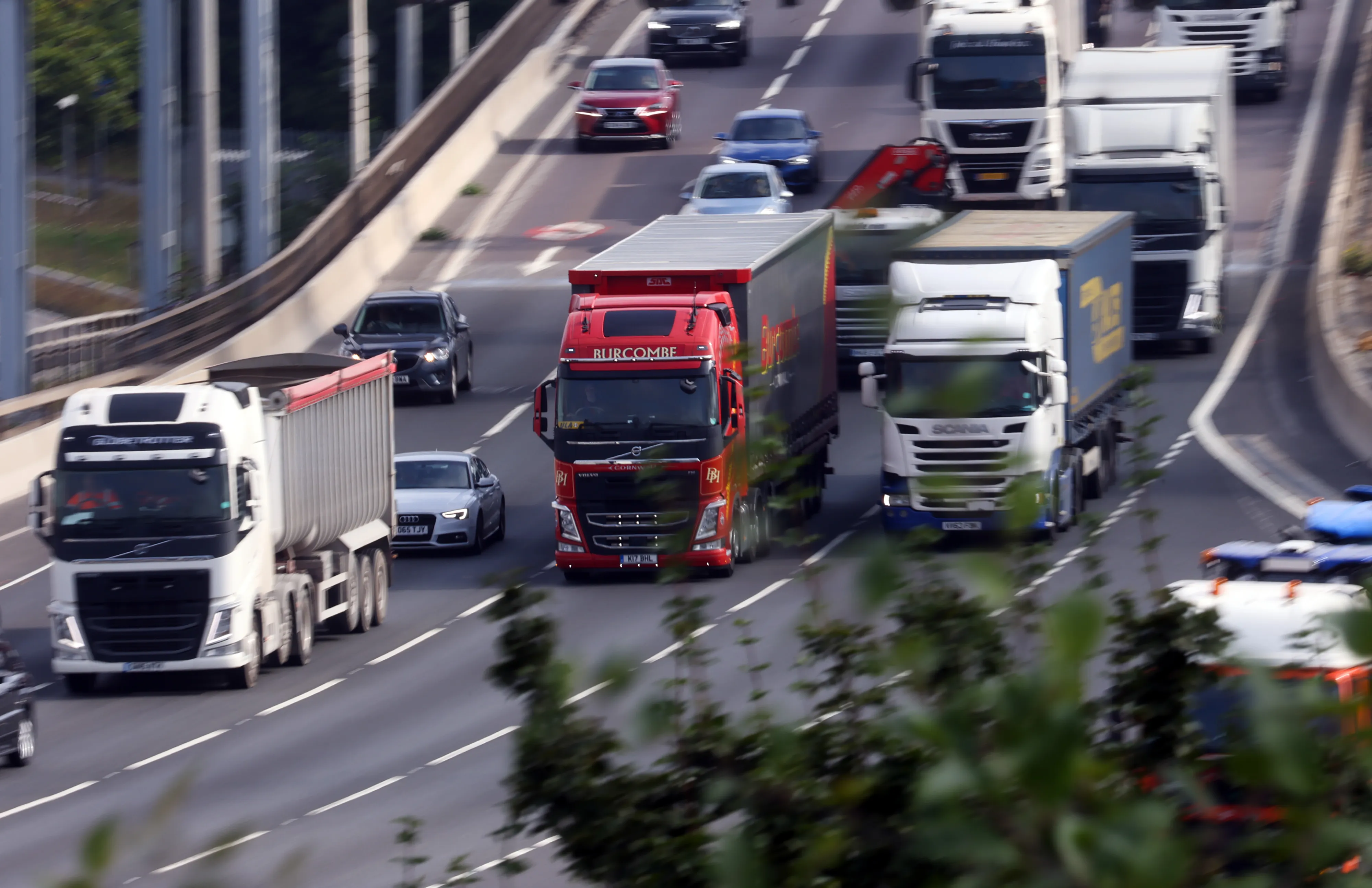 Trucks on the Dartford crossing bridge near Dartford, U.K.