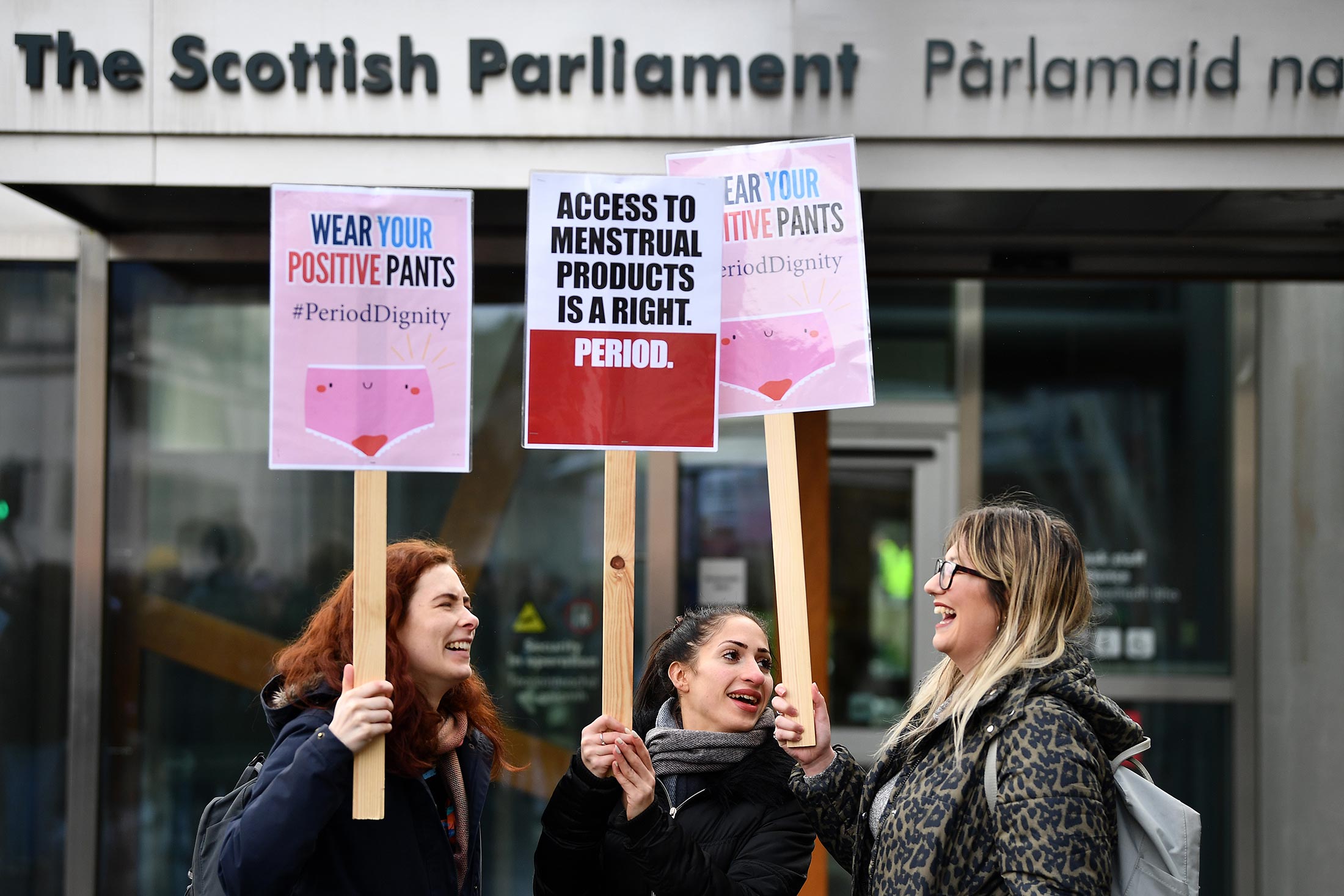Campaigners and activists rally outside the Scottish Parliament in support of the&nbsp;Period Products Bill on Feb. 25, 2020 in Edinburgh.
