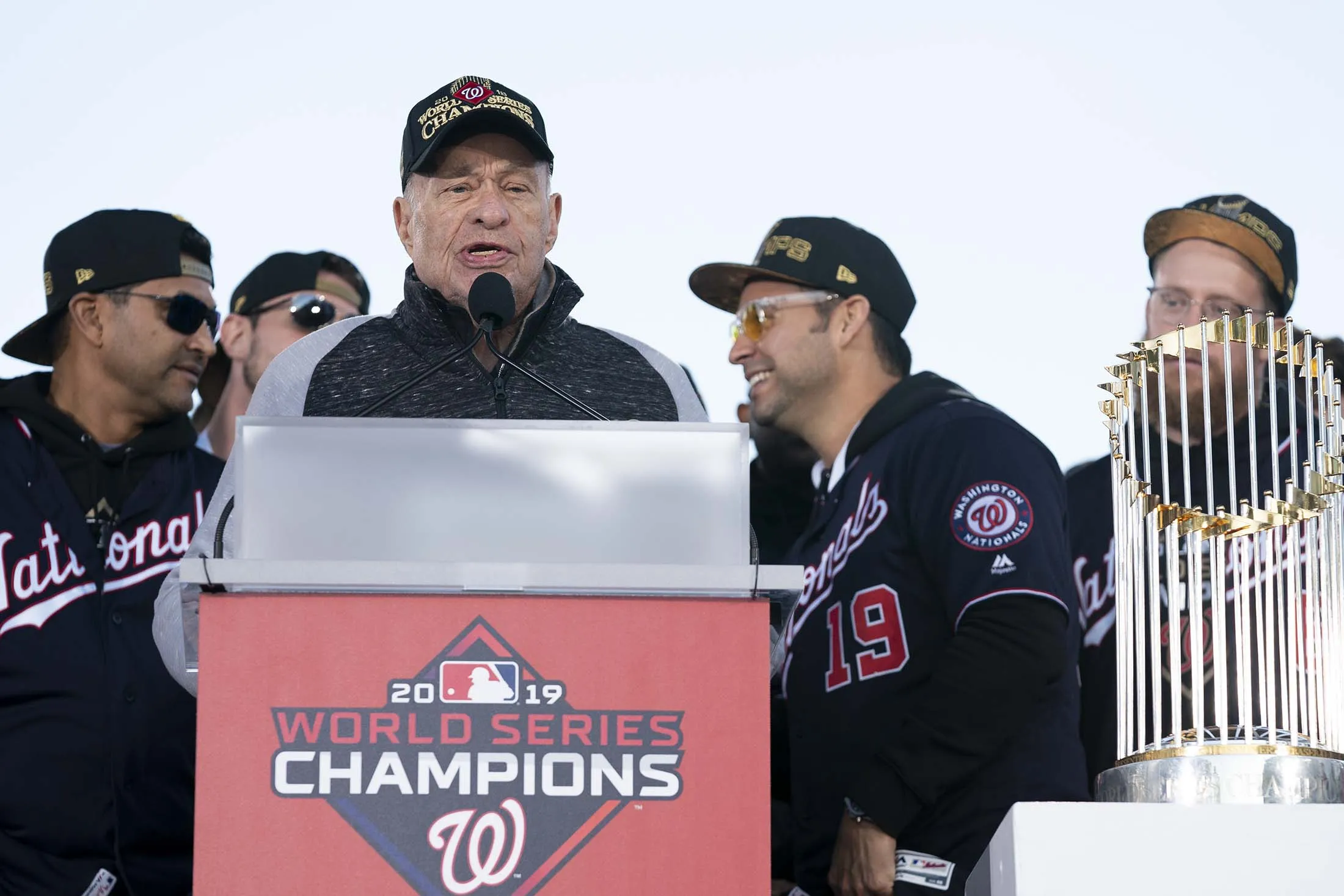 Ted Lerner speaks during a parade to celebrate the Washington Nationals World Series victory in November 2019.