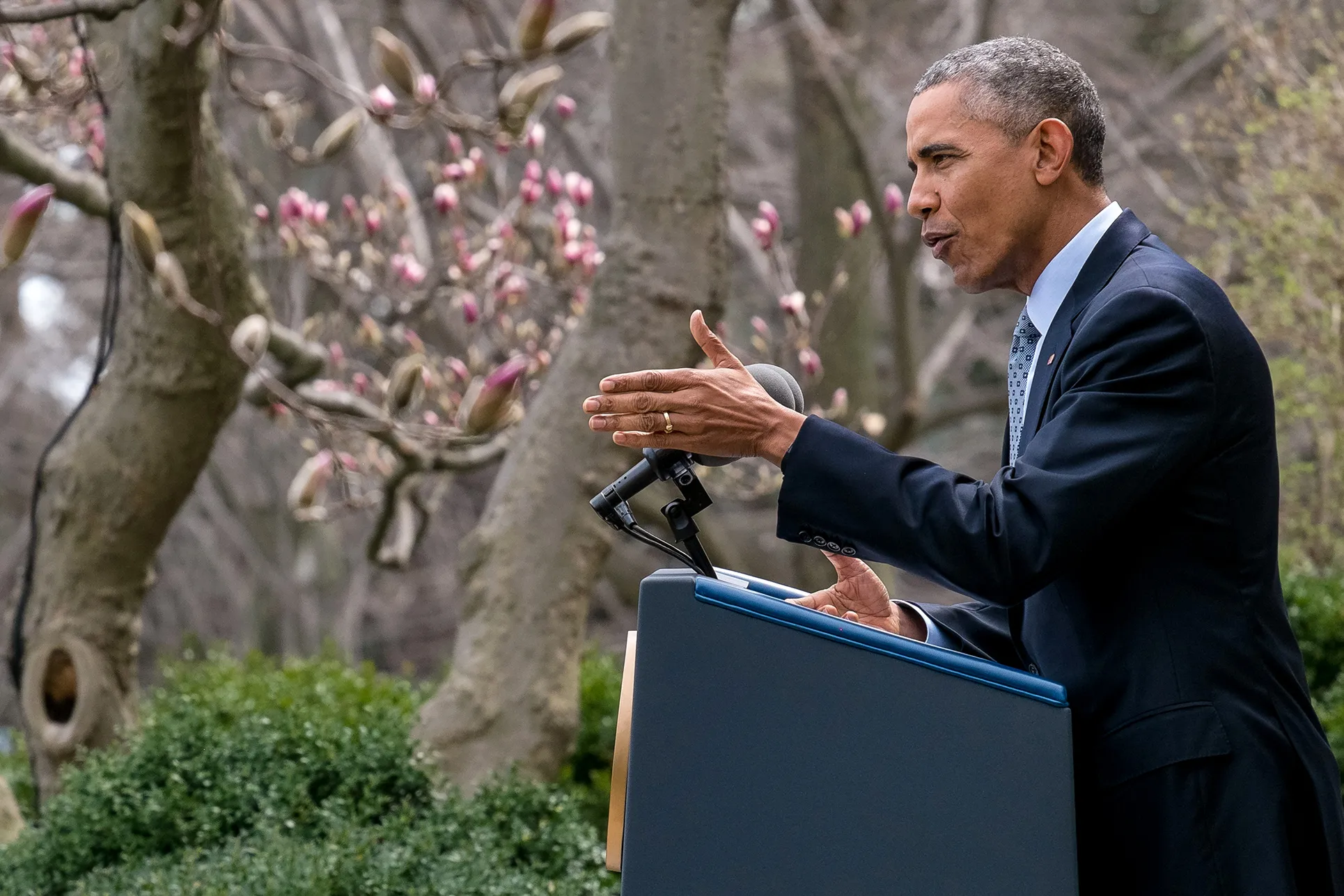 President Barack Obama speaks the Rose Garden of the White House in Washington, Thursday, April 2, 2015, about the breakthrough in the Iranian nuclear talks.
