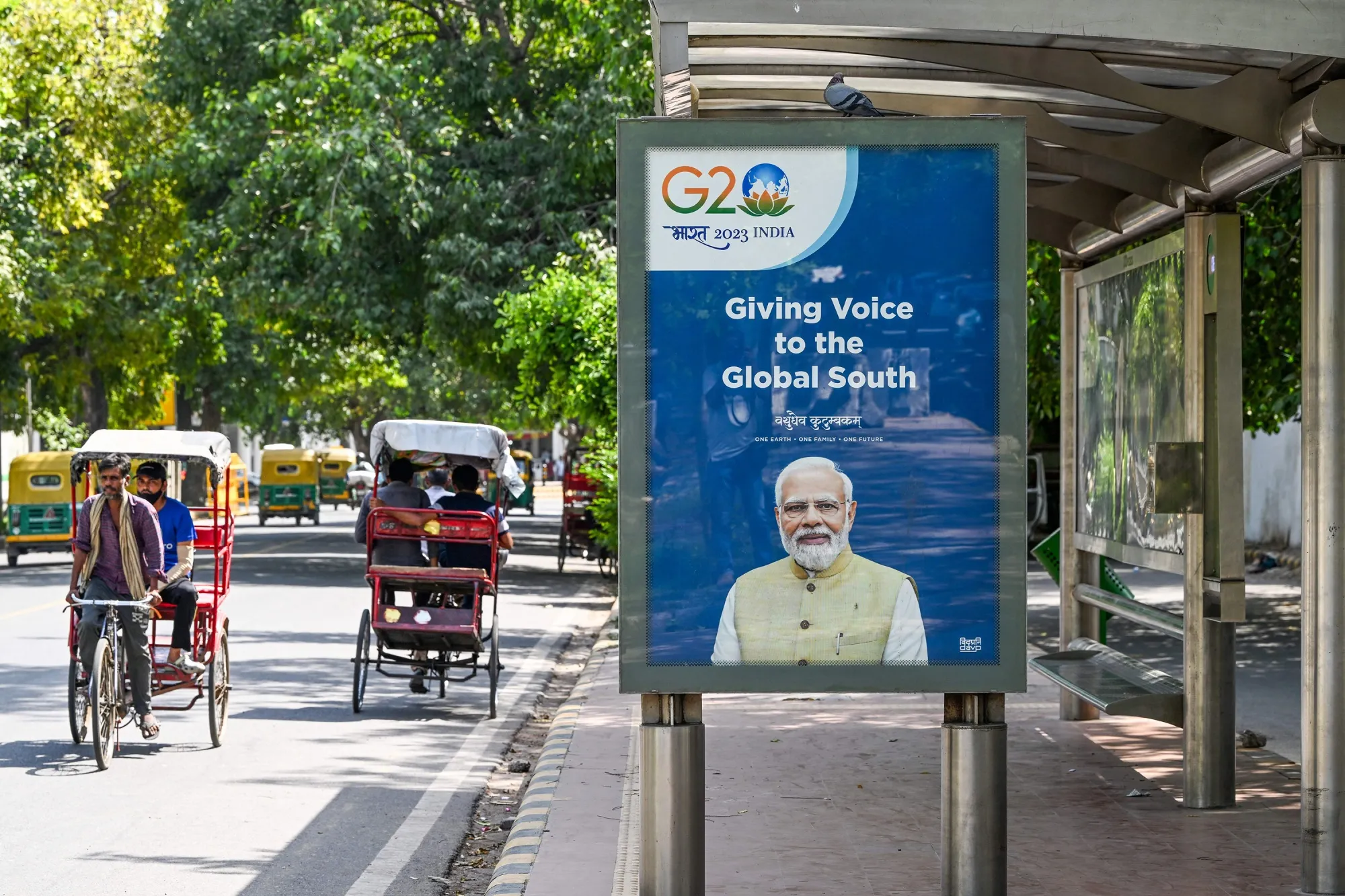 A bus shelter displaying a G20 poster with an image of Narendra Modi, in New Delhi on Sept. 4.