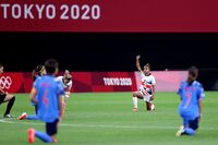 Nikita Parris of Team Great Britain takes a knee in support of the Black Lives Matter movement prior to a match against Japan at the Tokyo 2020 Olympic Games on July 24.