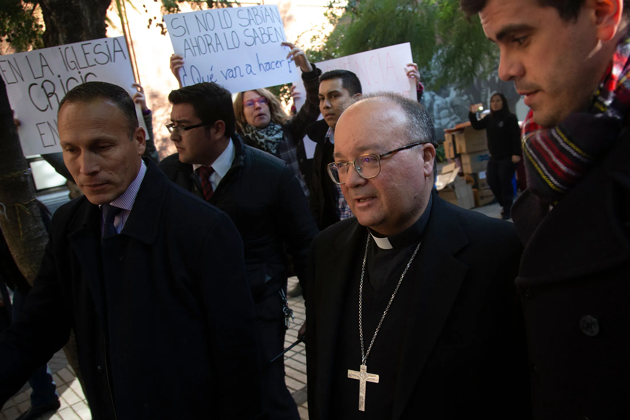 Students demonstrate against the sexual abuse scandal within the Church in Chile as Vatican's top abuse investigator Maltese archbishop Charles Scicluna&nbsp;visits Catholic University in Santiago on June 13.&nbsp;