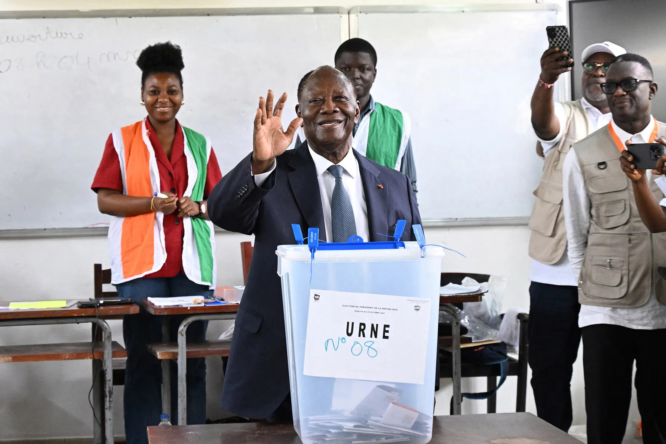 Alassane Ouattara casts a ballot at the Lycee Saint-Marie polling station in Cocody, Abidjan, Ivory Coast, on Oct.&nbsp;25.