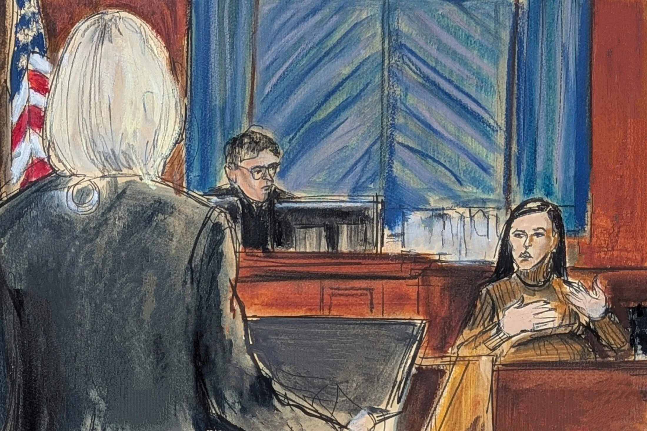In this courtroom sketch, Cassie Ventura, far right, answers questions from assistant US Attorney Emily Johnson at Manhattan federal court in New York on May 13.