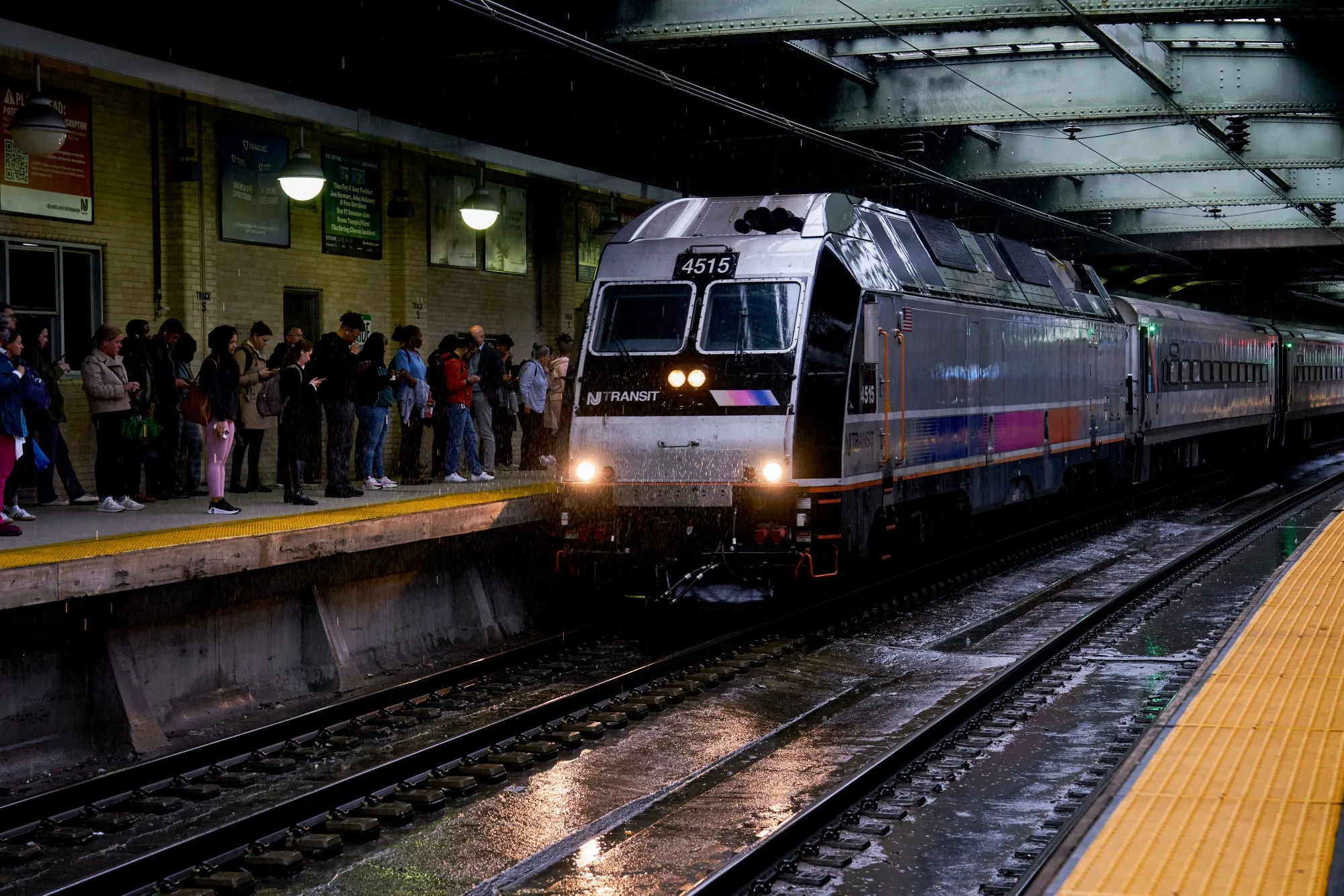 A New Jersey Transit train at Penn Station in Newark, New Jersey.