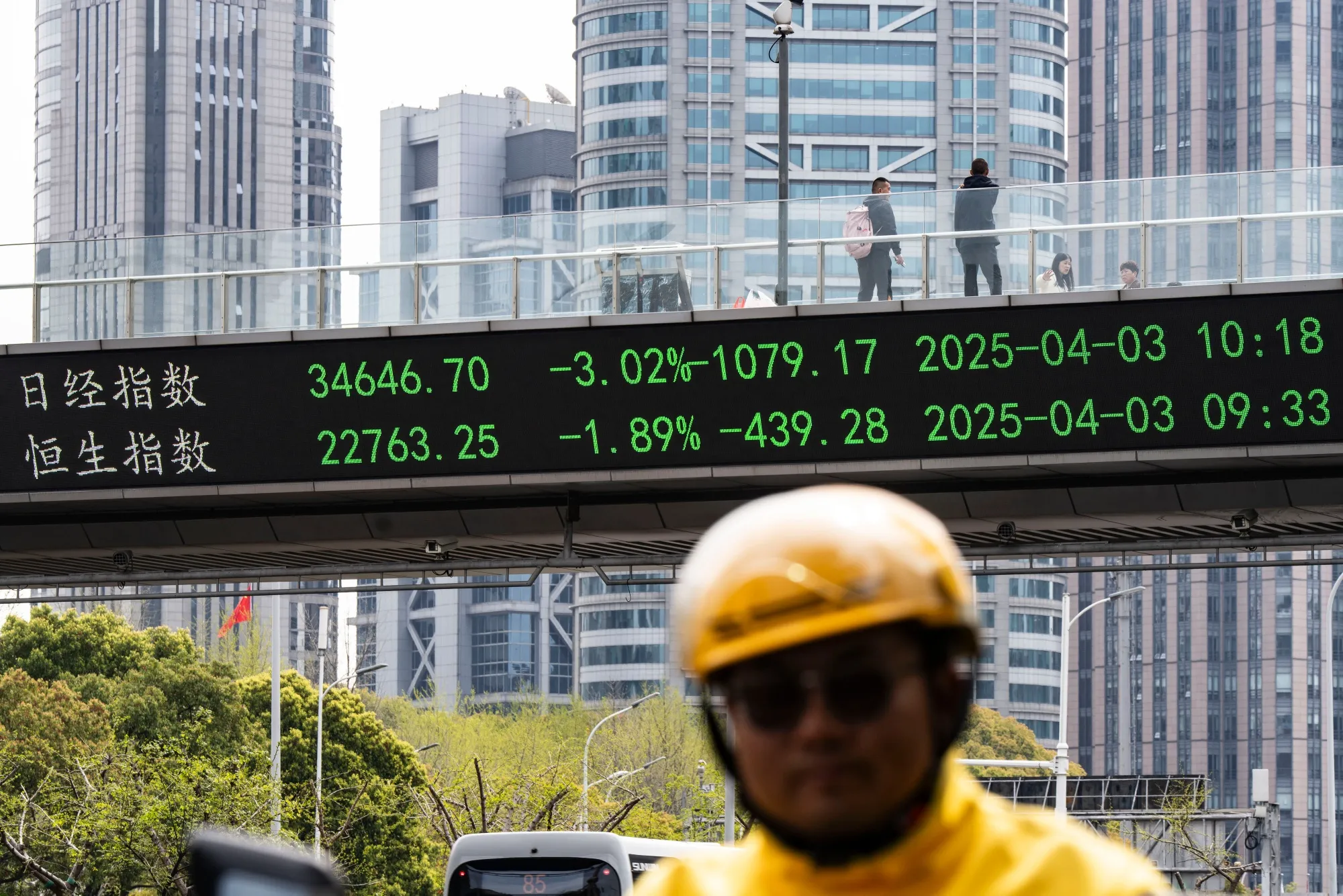 An electronic ticker after the US tariff announcement, in Shanghai, China.