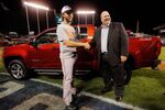 World Series MVP Madison Bumgarner receives shakes hands with &quot;Chevy Guy&quot; Rikk Wilde
