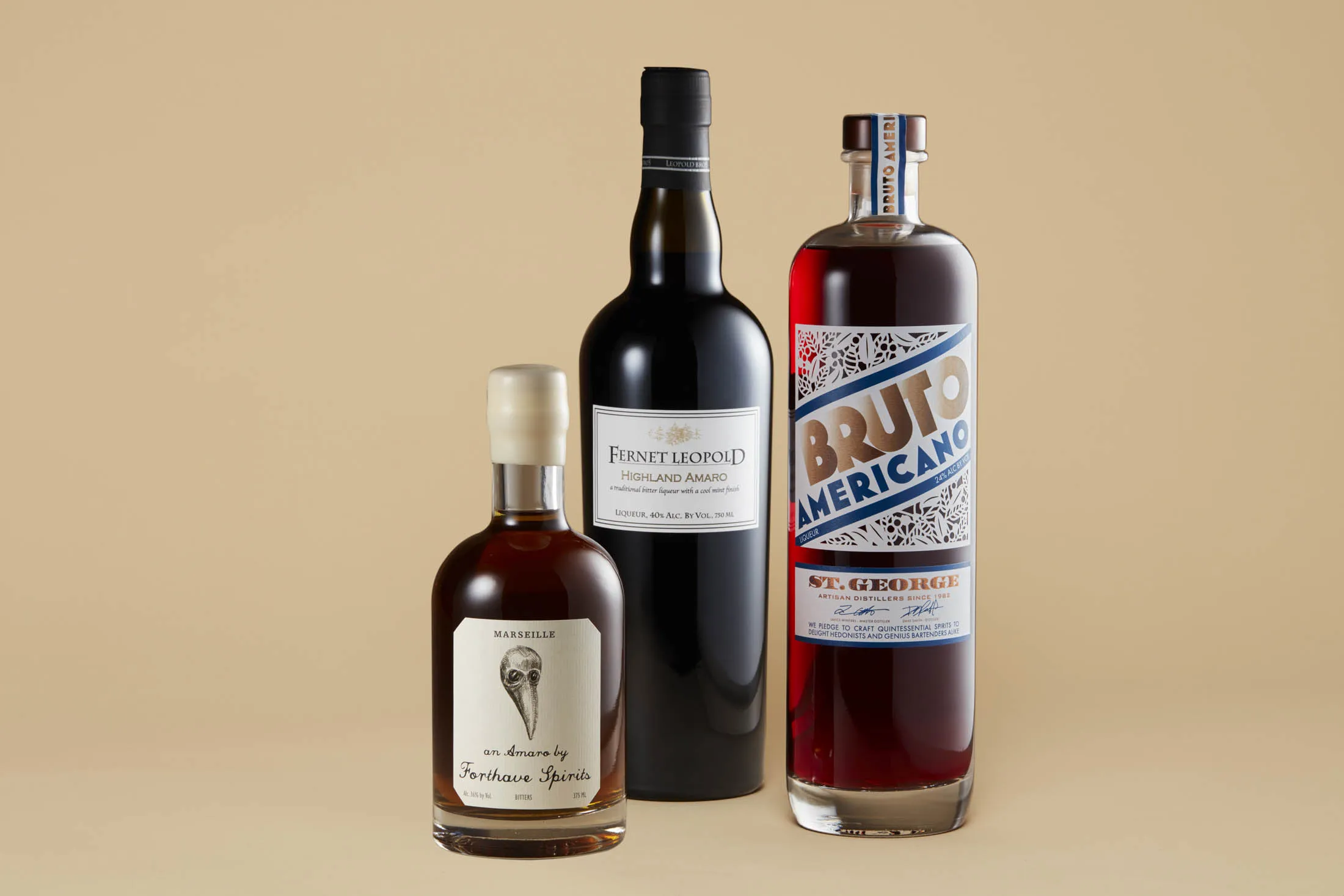 From left: Forthave Spirits’&nbsp;Marseille, Fernet&nbsp;Leopold Highland Amaro, and Bruto Americano.