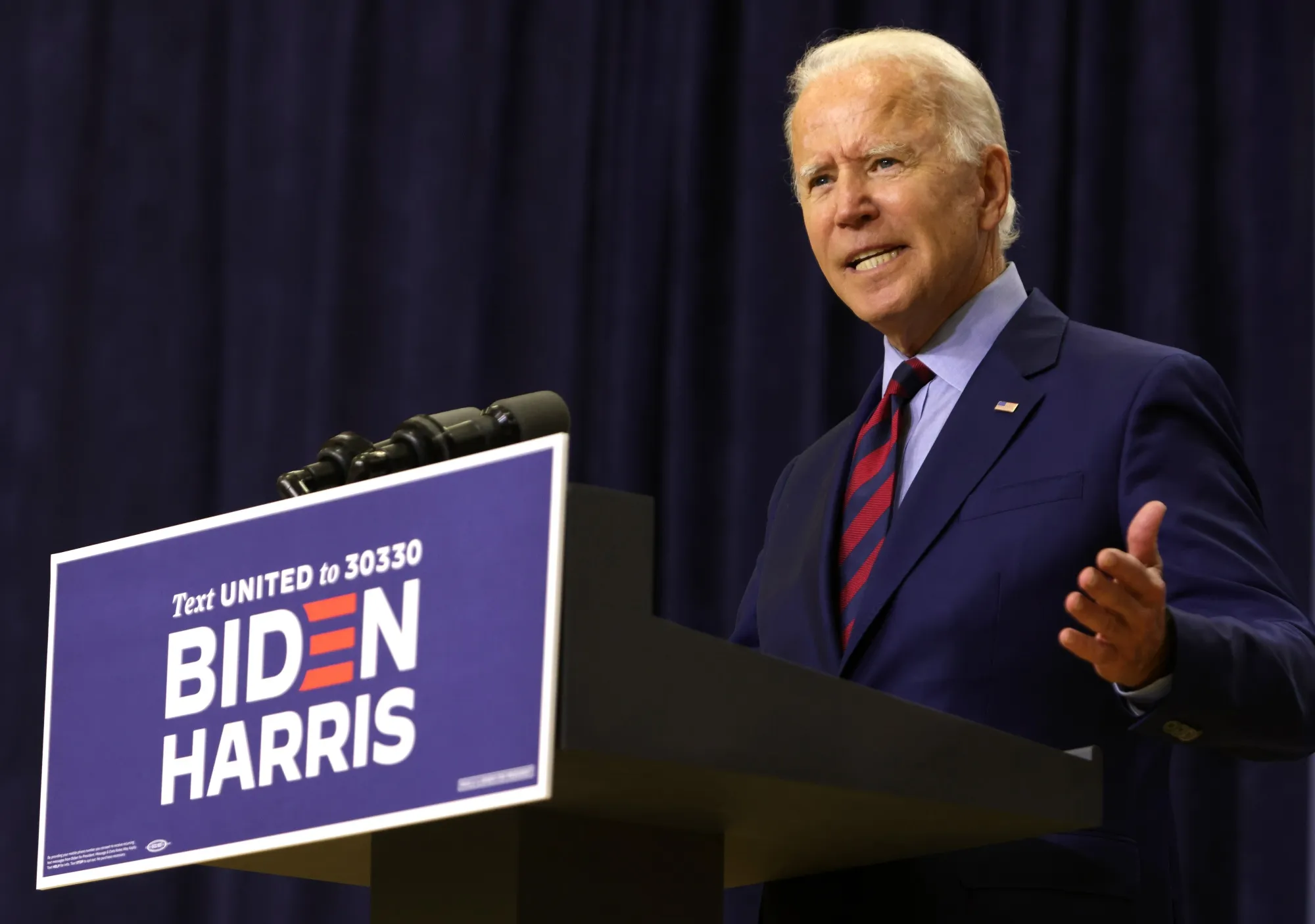 WILMINGTON, DELAWARE - SEPTEMBER 04: Democratic presidential nominee Joe Biden speaks during a campaign event September 4, 2020 in Wilmington, Delaware. Biden spoke on the economy that has been worsened by the COVID-19 pandemic. (Photo by Alex Wong/Getty Images)