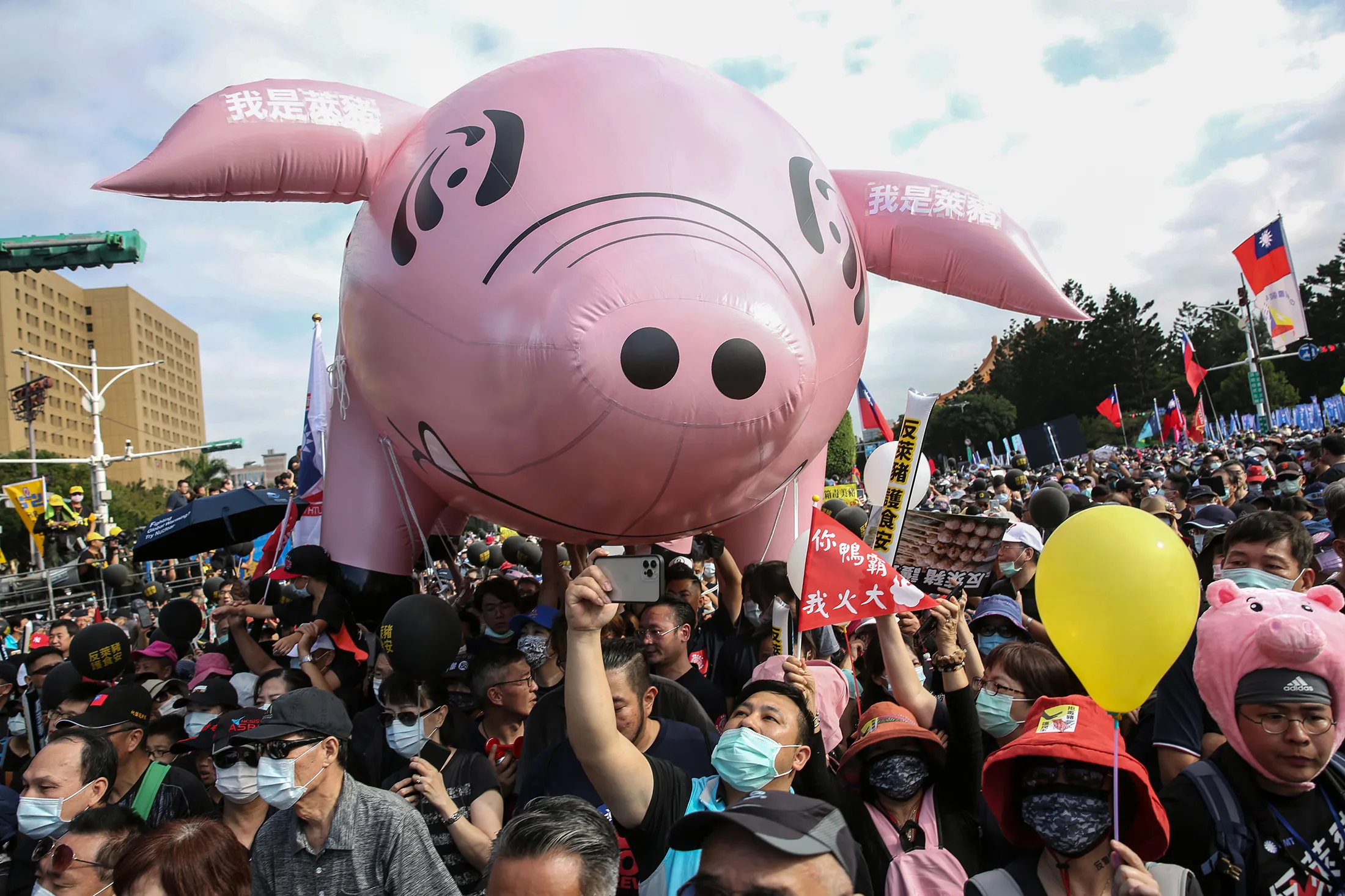 People protest against the lifting of restrictions on US pork containing ractopamine in Taipei in Nov. 2020.