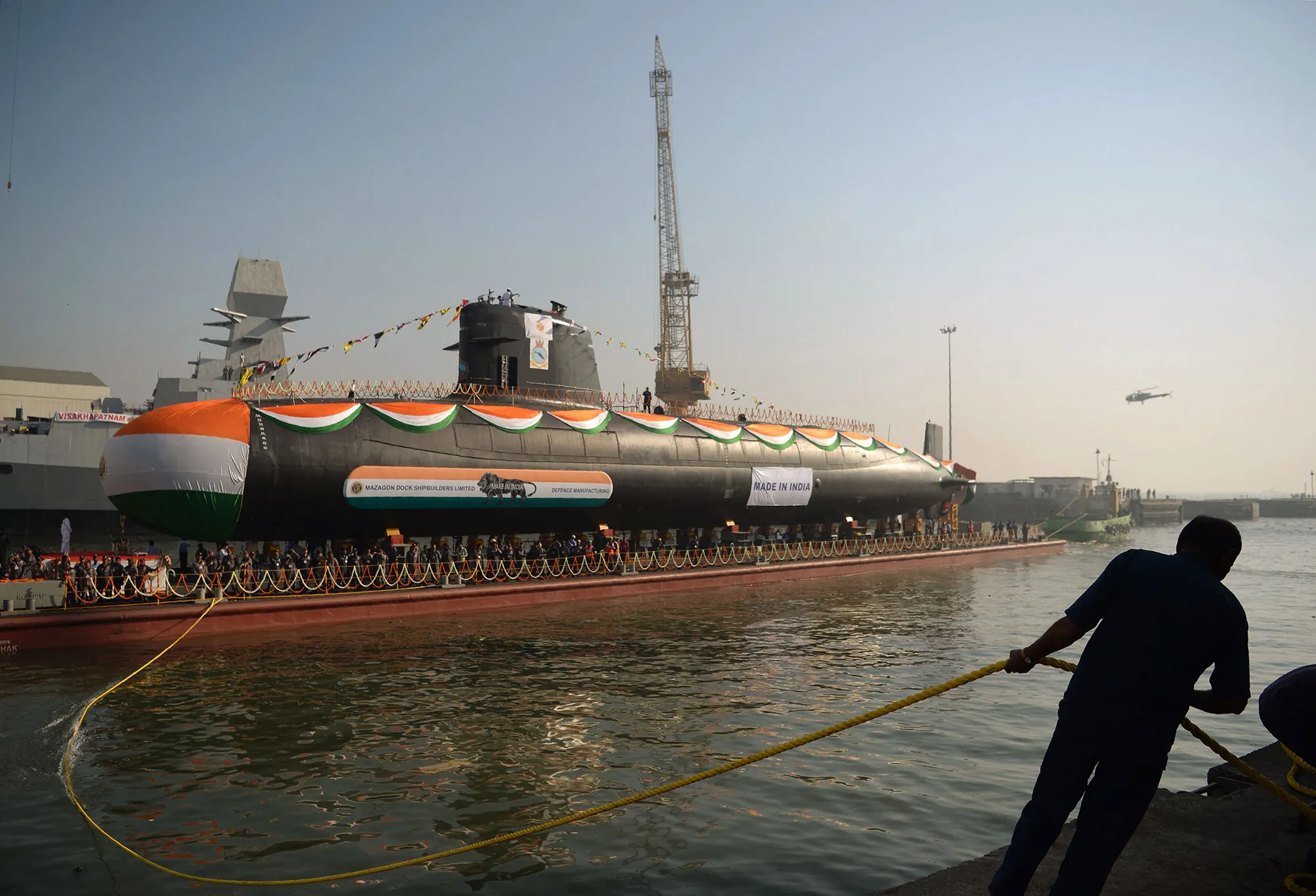 The Indian Navy's third Scorpene-class submarine 'Karanj' at the Mazagon Dock Shipyard, Mumbai.&nbsp;