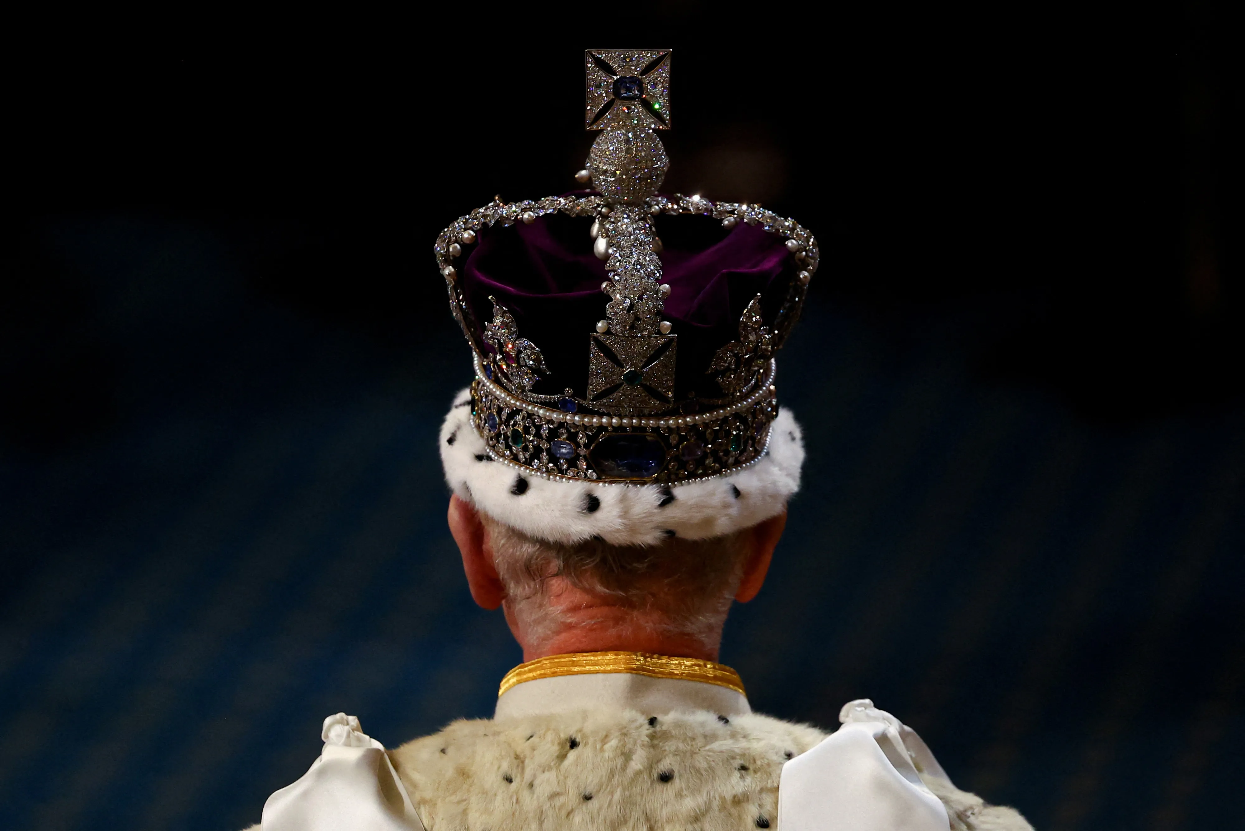 King Charles III, wearing the Imperial State Crown, at the State Opening of Parliament.