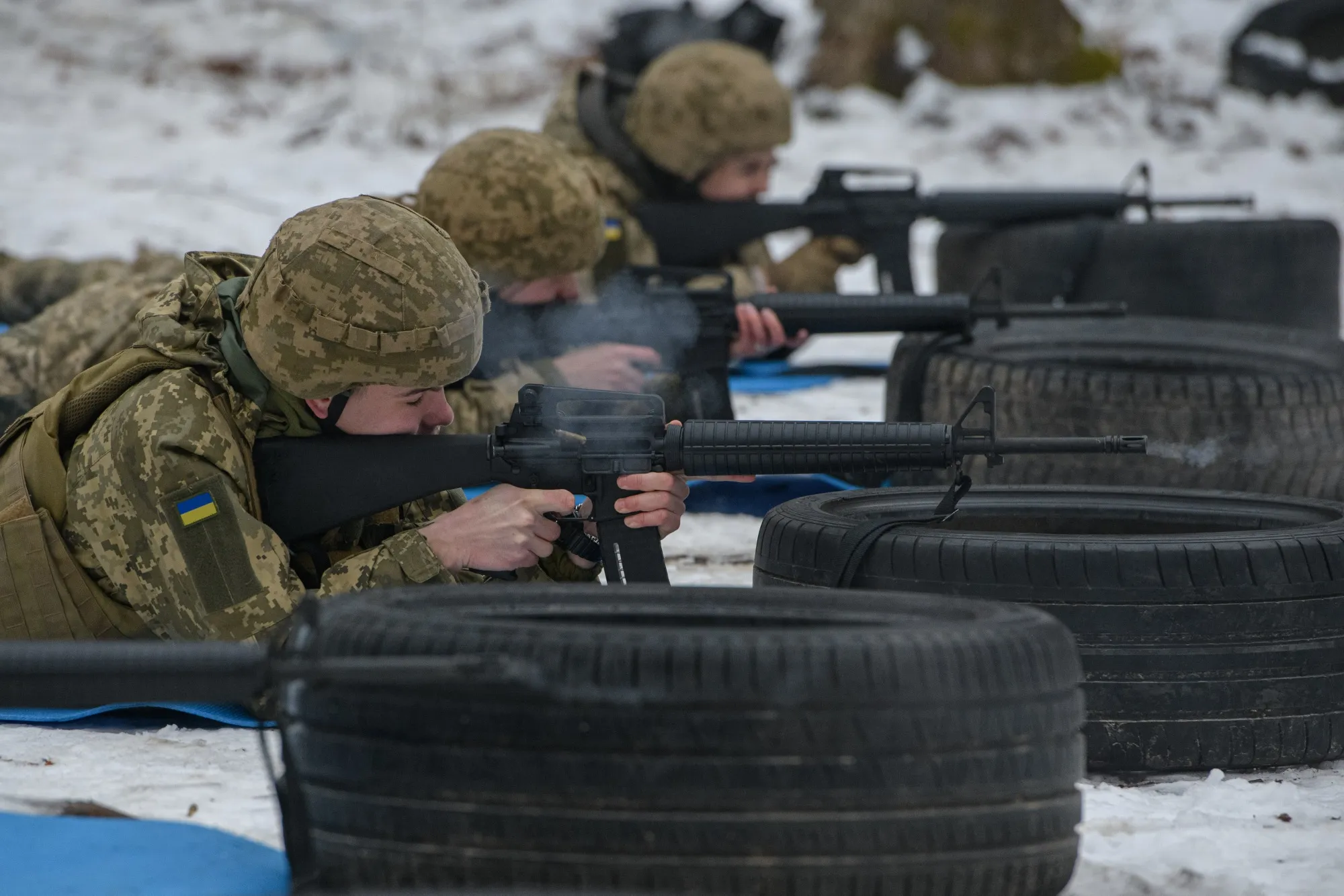 Cadets conduct training with American Colt M16A4 assault rifles at the Taras Shevchenko Military Institute in Kyiv region, Ukraine.&nbsp;